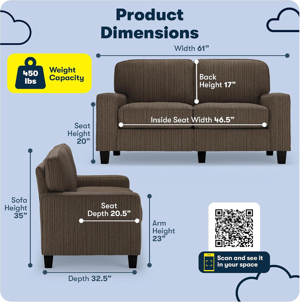 Serta Palisades 61' Track Arm Sofa, Easy Care Polyester, Soft Pillow Back, Pocket Coil Seat Cushions, Removable Covers, Loveseat or Couch for Small Spaces, Living Rooms or Bedrooms, Brown
