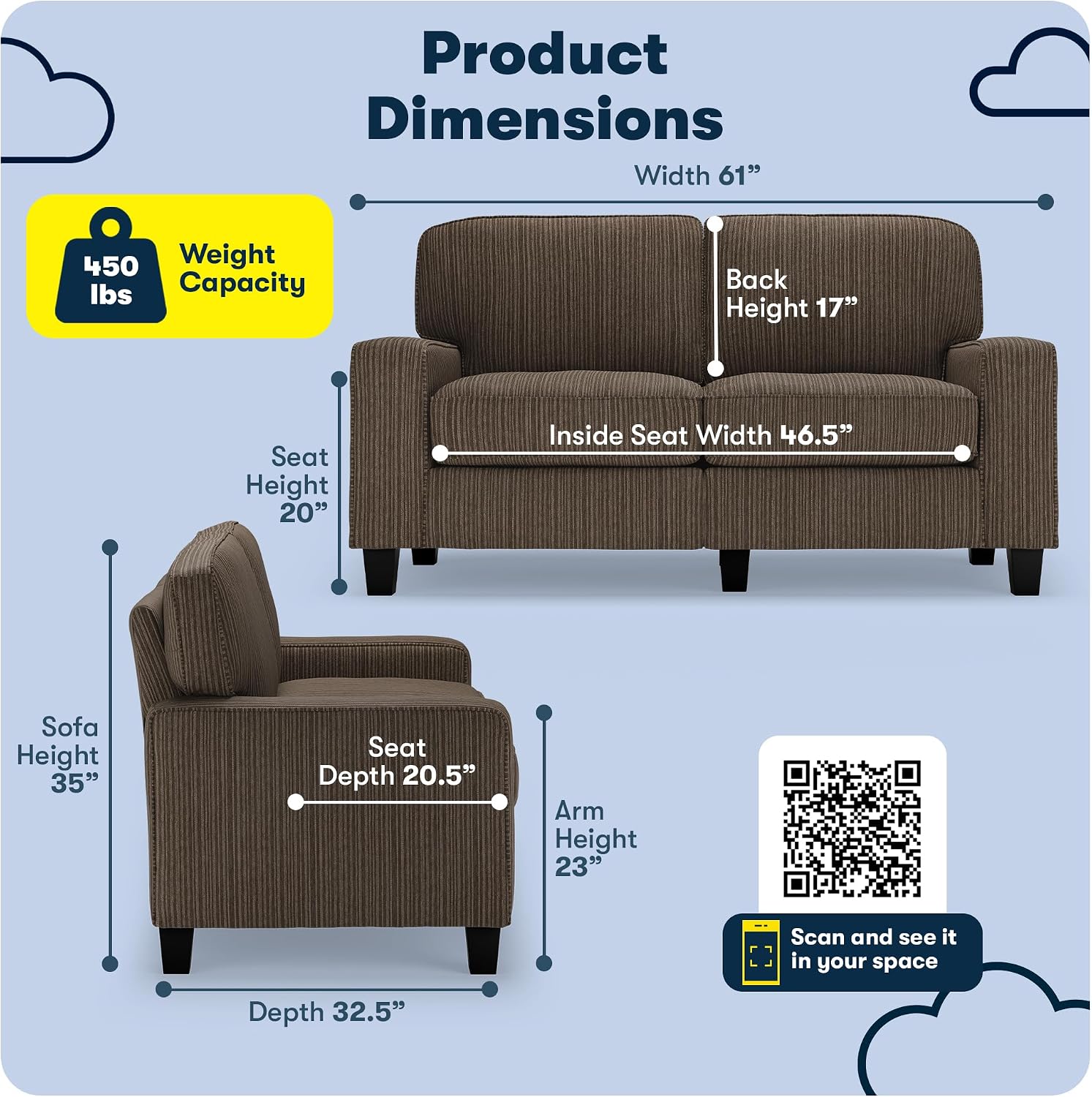 Serta Palisades 61' Track Arm Sofa, Easy Care Polyester, Soft Pillow Back, Pocket Coil Seat Cushions, Removable Covers, Loveseat or Couch for Small Spaces, Living Rooms or Bedrooms, Brown