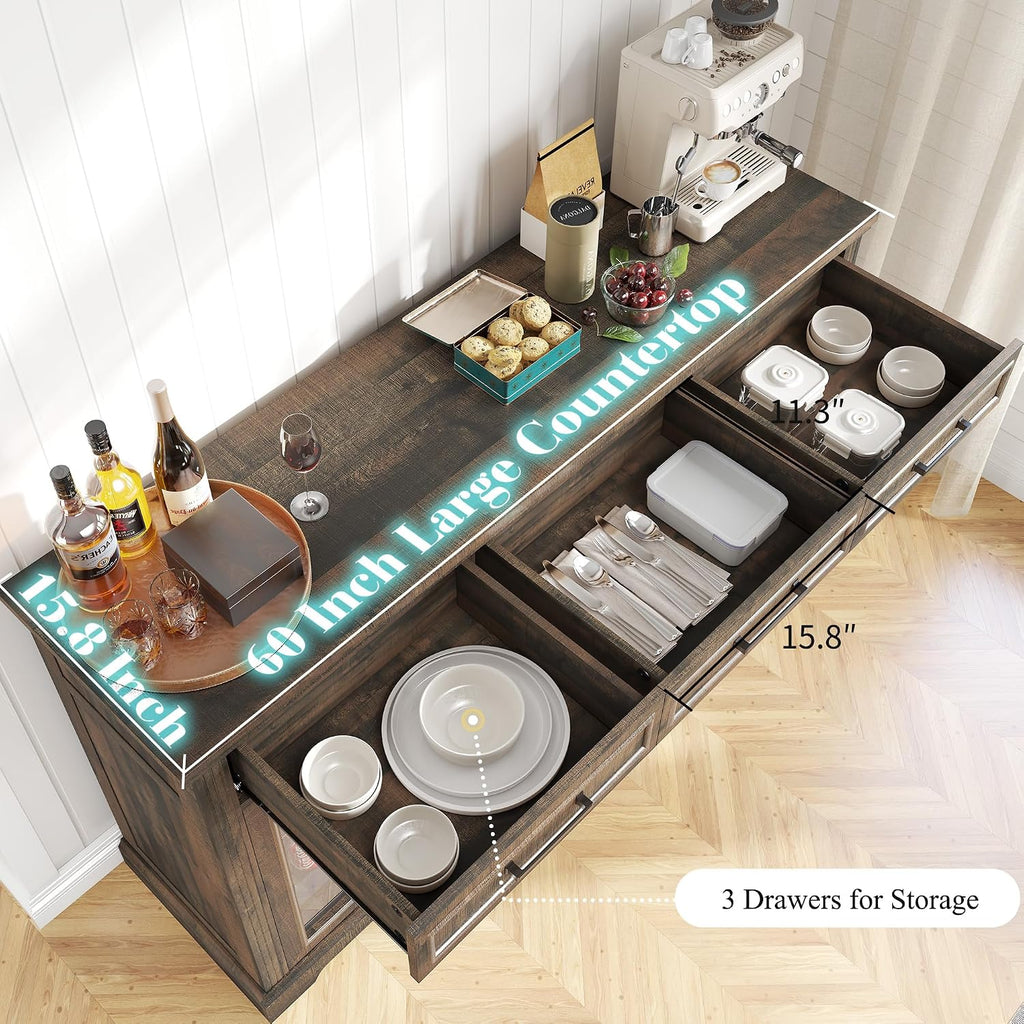 LUXOAK 60' Farmhouse Coffee Bar Cabinet with Mini Fridge Space, Wine Bar Cabinet with Drawers & Shelves, Buffet Sideboard Table for Home, Dining Room, Living Room, Brown