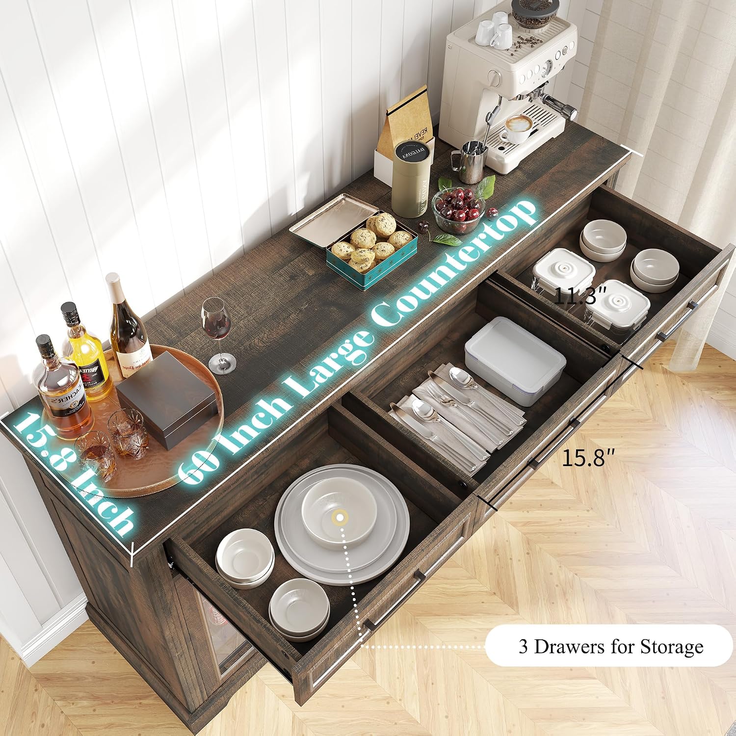 LUXOAK 60' Farmhouse Coffee Bar Cabinet with Mini Fridge Space, Wine Bar Cabinet with Drawers & Shelves, Buffet Sideboard Table for Home, Dining Room, Living Room, Brown