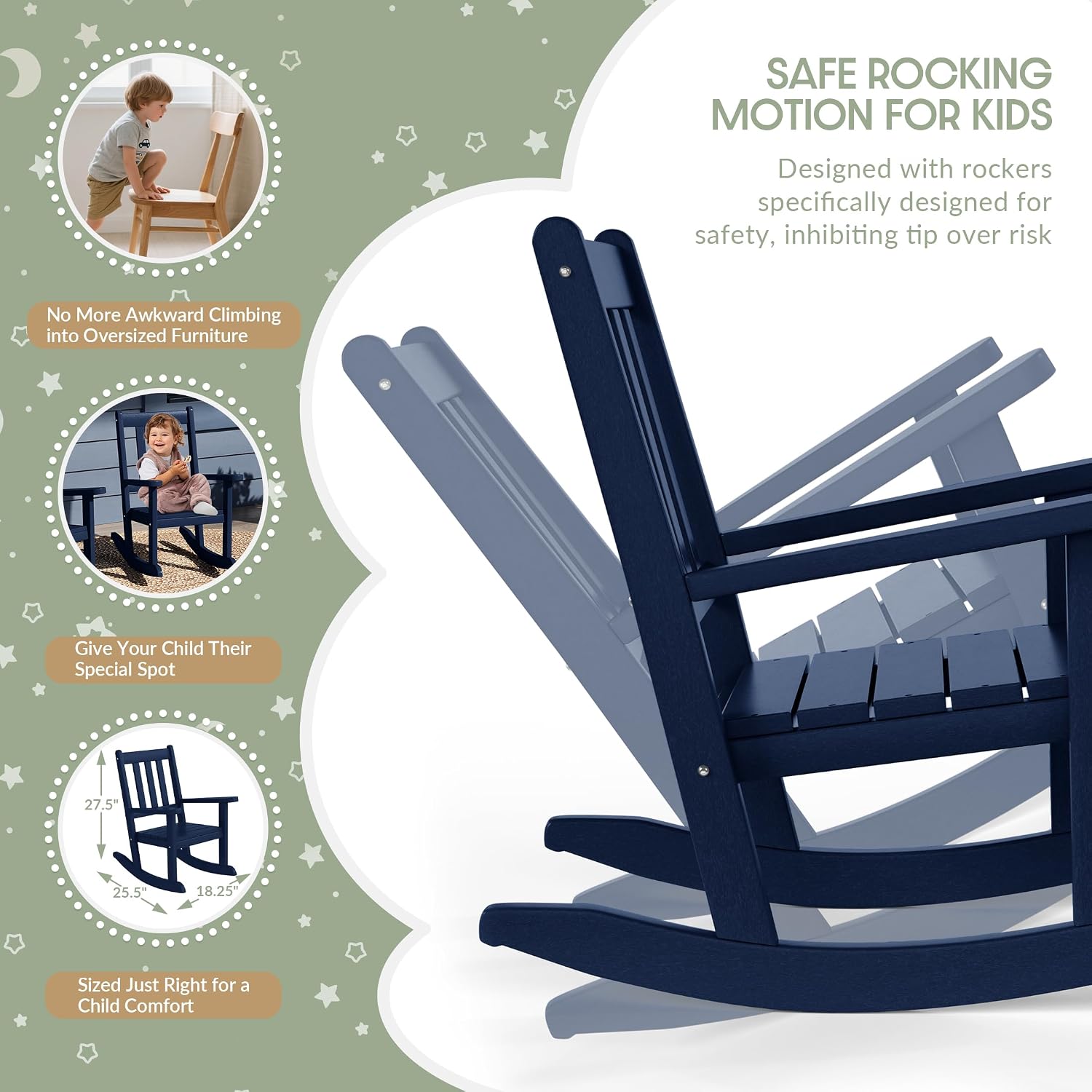 WestinTrends Malibu 3-Piece Kids Outdoor Rocking Chairs Set with Kids Square Side Table, Navy Blue
