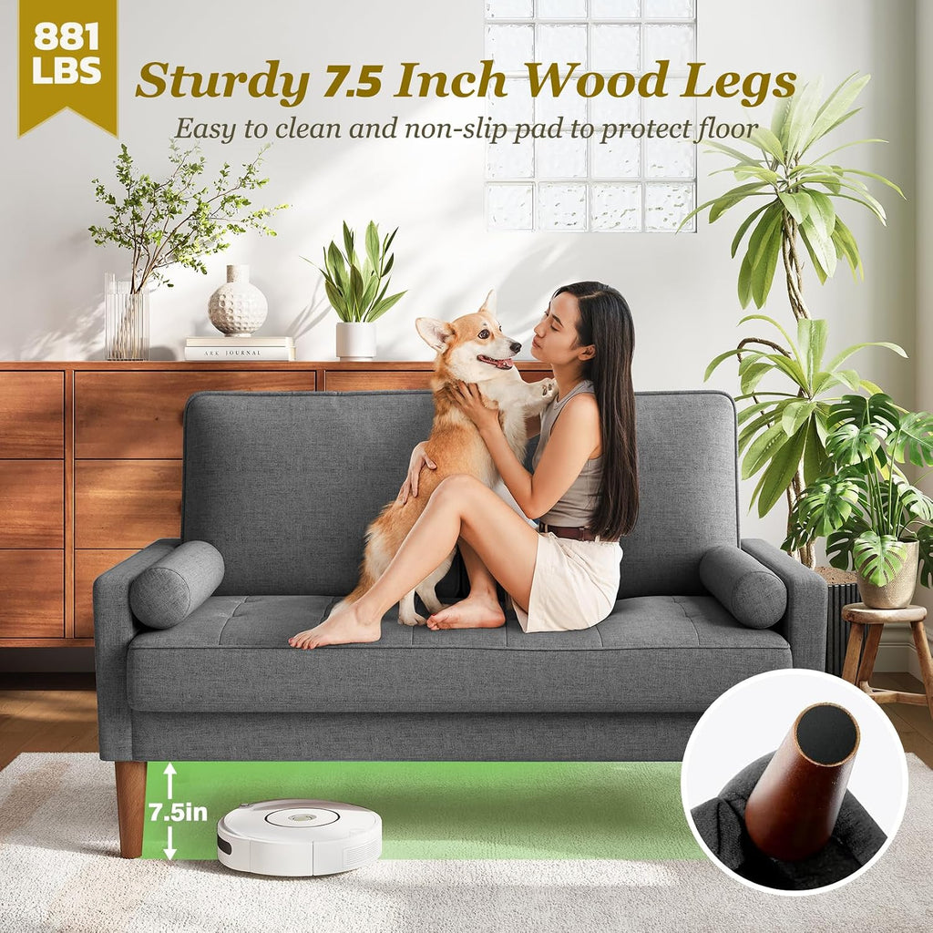 Vesgantti Loveseat Sofa with Solid Wood Legs, 48' Small Couches for Small Spaces, Love Seat for Living Room, Bedroom, Easy Assembly Mid Century Modern Couch with Throw Pillow for Apartment, Grey