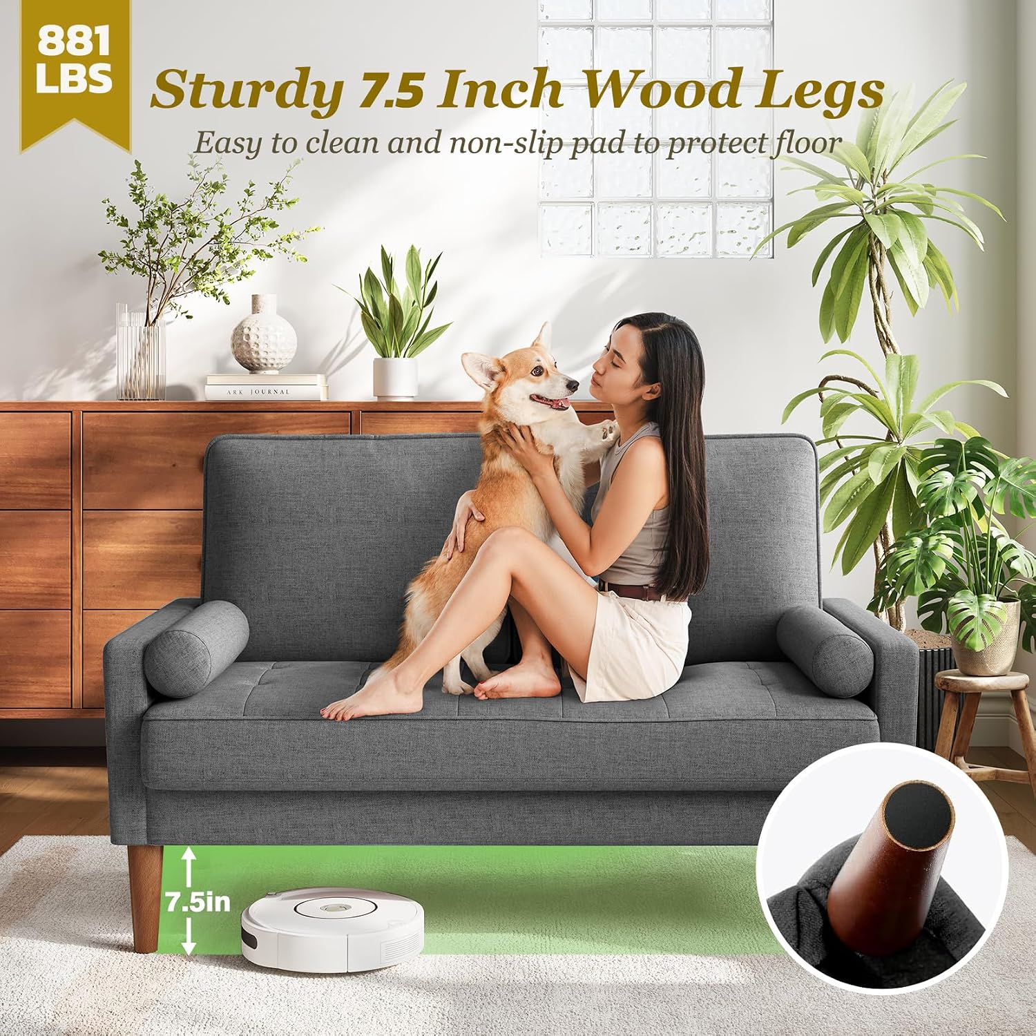 Vesgantti Loveseat Sofa with Solid Wood Legs, 48' Small Couches for Small Spaces, Love Seat for Living Room, Bedroom, Easy Assembly Mid Century Modern Couch with Throw Pillow for Apartment, Grey