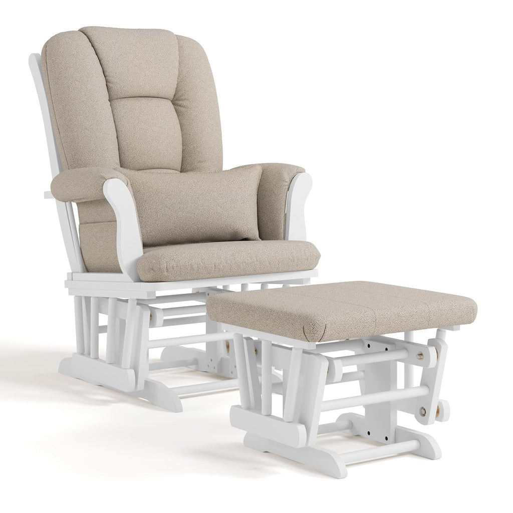 Storkcraft Tuscany Custom Glider and Ottoman with Free Lumbar Pillow (White/Taupe Swirl) - Cleanable Upholstered Comfort Rocking Nursery Chair with Ottoman