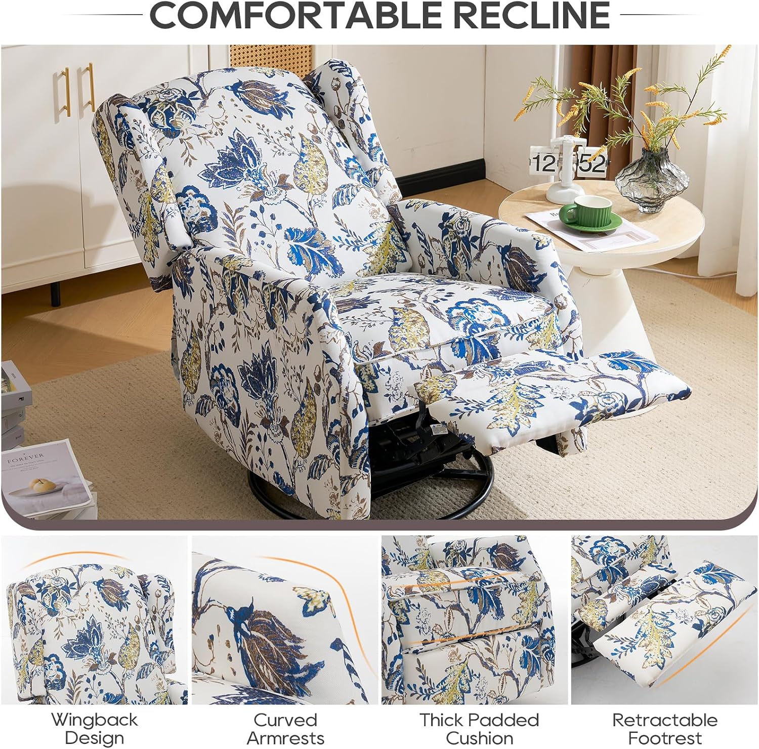 Swivel Rocker Recliner,Wingback Recliner Chair,Floral Accent Chair Fabric Chair with High Back,Padded Seat for Living Room,Bedroom, Home Office (Blue)