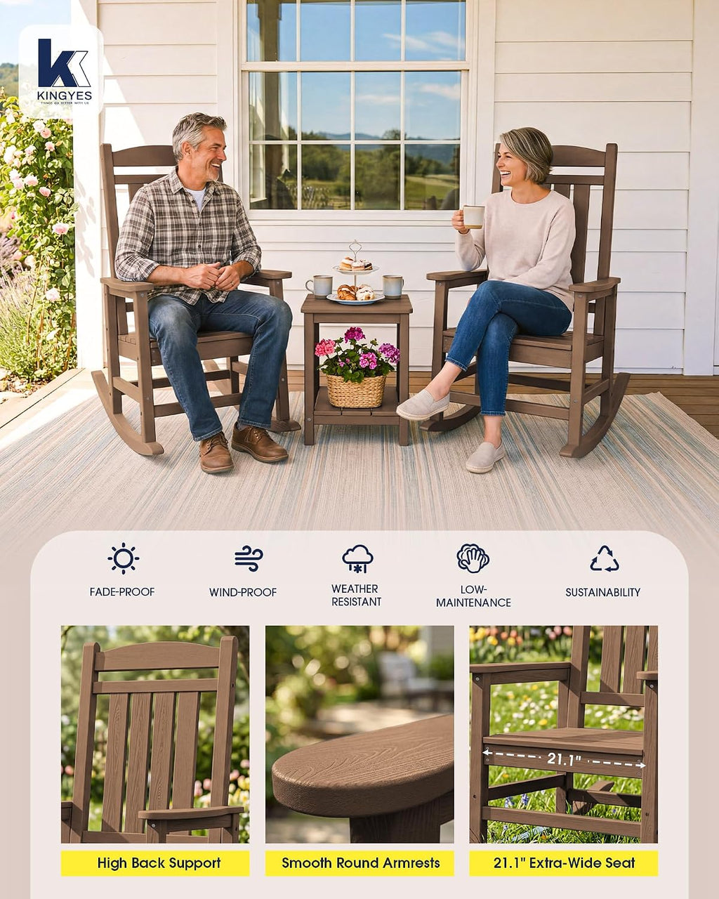 KINGYES Oversized Outdoor Rocking Chair Set of 2, High Density Polyethylene Patio Rocking Chairs with 350lbs Support for Adults, Porch Recliner Rocker, Brown