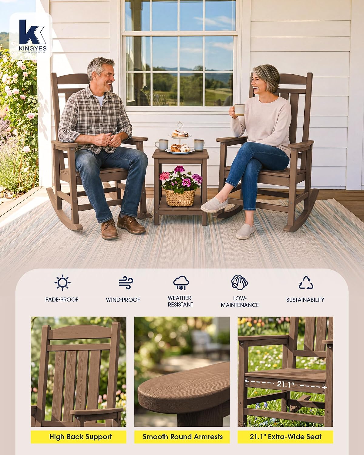 KINGYES Oversized Outdoor Rocking Chair Set of 2, High Density Polyethylene Patio Rocking Chairs with 350lbs Support for Adults, Porch Recliner Rocker, Brown