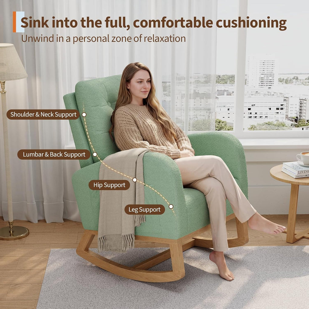 GarveeHome Nursery Rocking Chair, Teddy Fleece Upholstery, Sturdy Wooden Legs & High Backrest, Comfortable Glider Rocking Chair for Living Room or Bedroom, Light Green