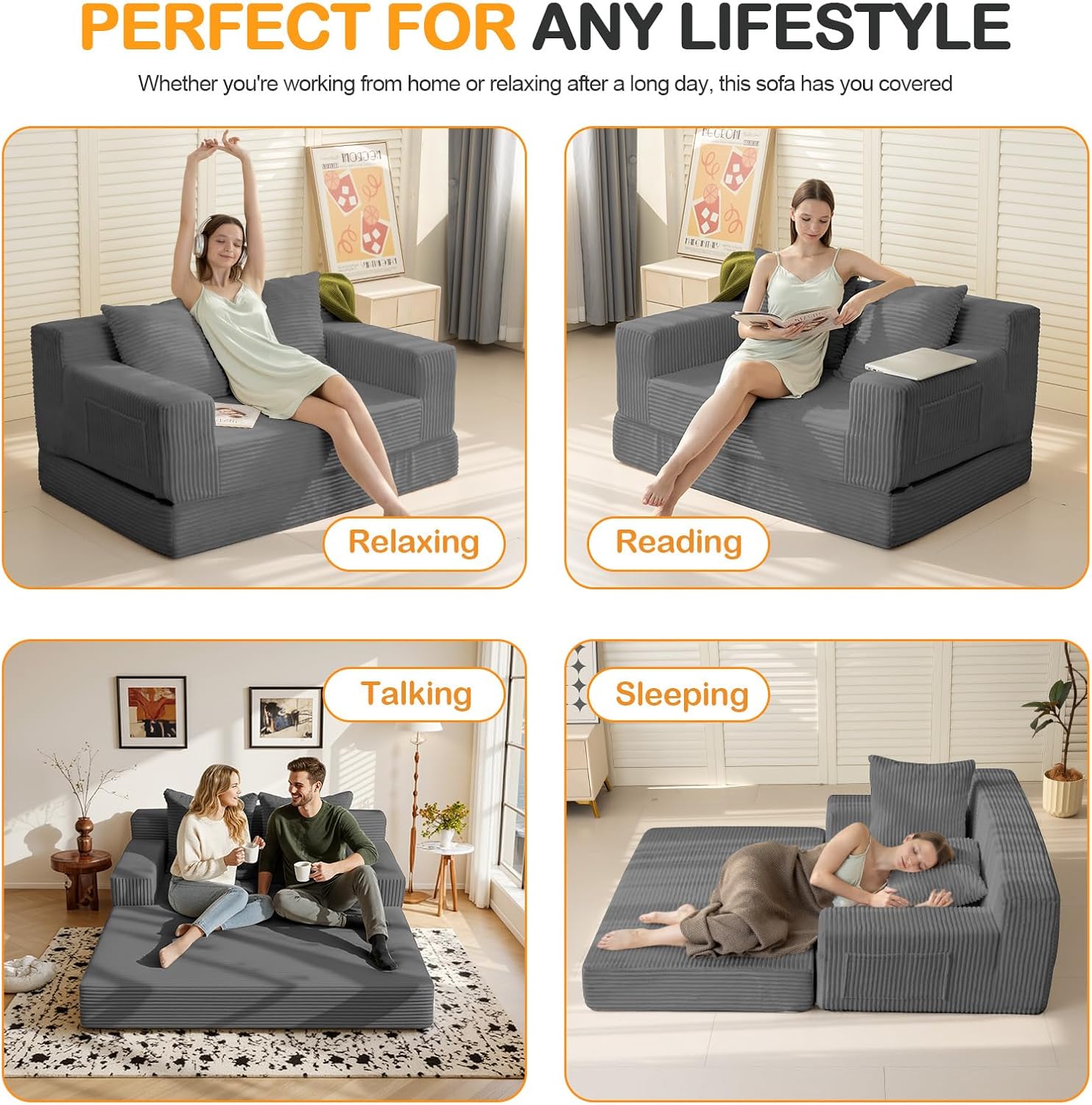 Erament Convertible Sofa Bed, Loveseat Folding Floor Futon Sleeper Sofa Couch Bed- Boneless Foldable Couch, Corduroy Pull Out Sofa Bed with 2 Pillows for Living Room & Bedroom