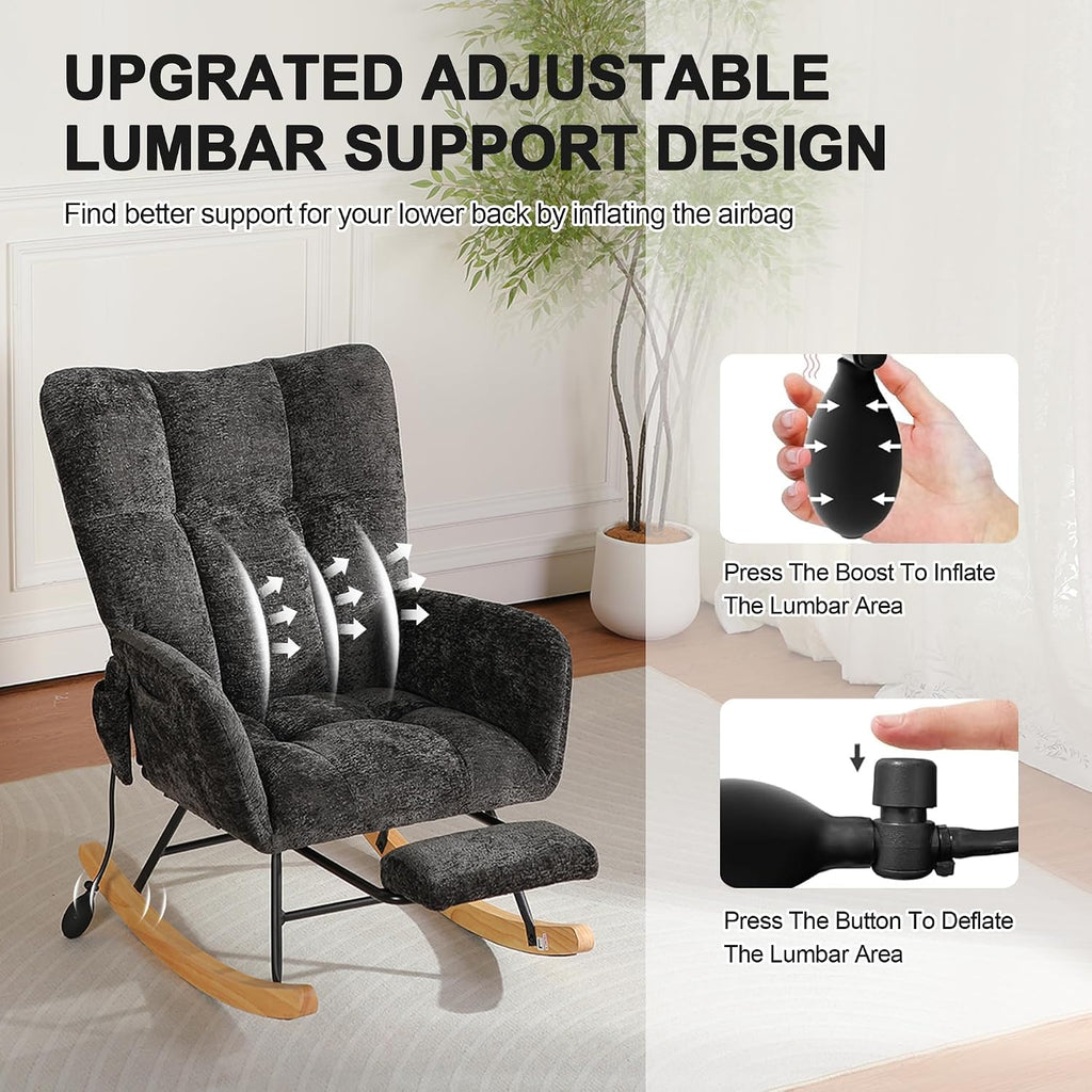 Rocking Chair Nursery with Airbag, Comfy Modern Nursery Rocking Reading Chair Indoor with Footrest, Cozy Upholstered Glider Rocker Chairs for Living Room Bedroom Offices, (Chenille, Black)