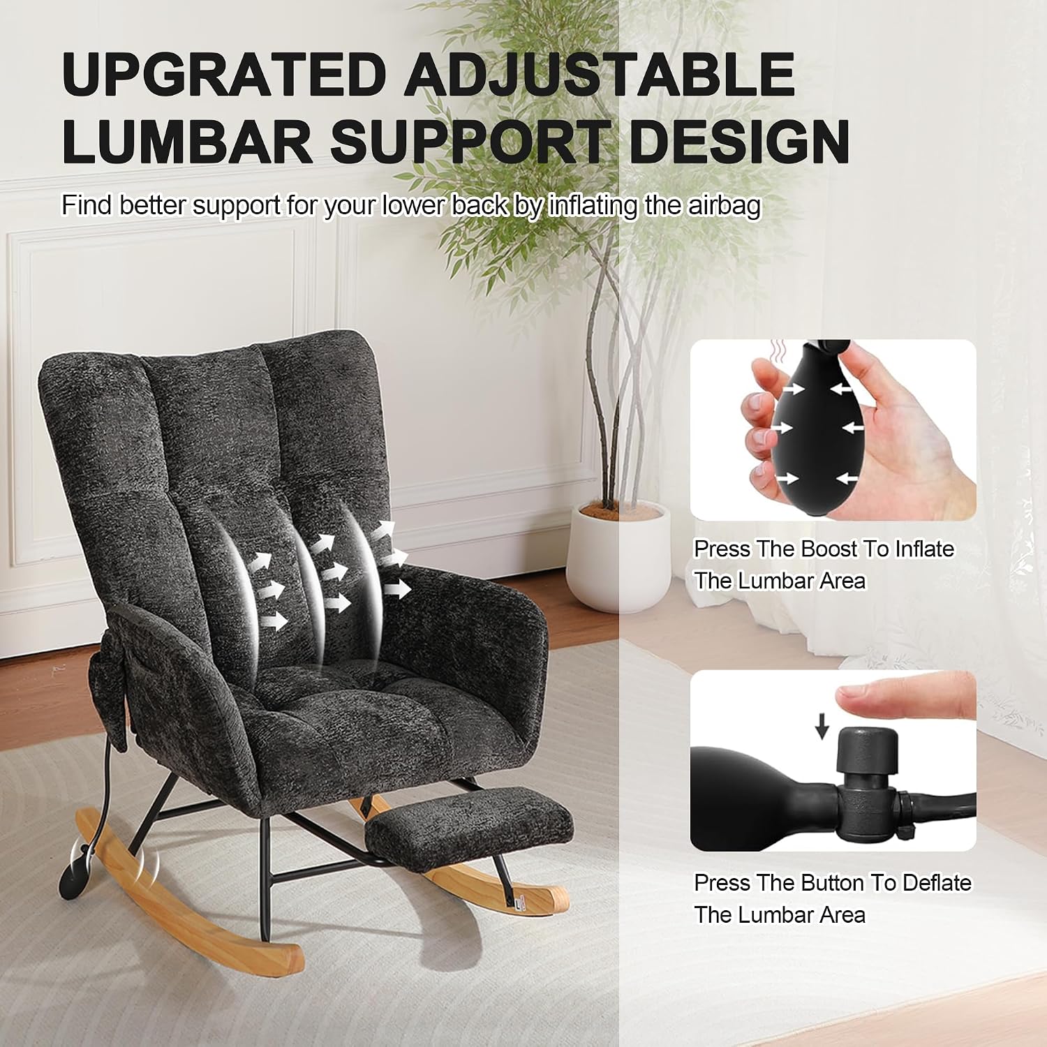 Rocking Chair Nursery with Airbag, Comfy Modern Nursery Rocking Reading Chair Indoor with Footrest, Cozy Upholstered Glider Rocker Chairs for Living Room Bedroom Offices, (Chenille, Black)