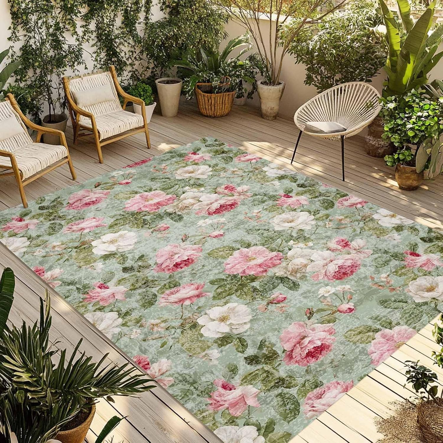 White Pink Flower Outdoor Rug for Patio/Deck/Porch, Non-Slip Large Area Rug 5 x 8 Ft, Shabby Chic Spring Vintage Leaf Green Indoor Outdoor Rugs Washable Area Rugs, Reversible Camping Rug Carpet Runner