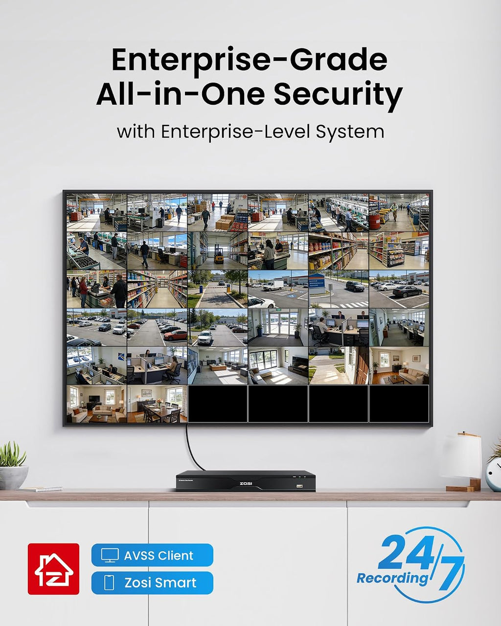 ZOSI 32CH 4K PoE Security Camera System,24 x 8MP Full Color Night Vision Outdoor PoE Cameras,Person Vehicle Detection,Spotlight Siren,2 Way Audio,32CH Surveillance NVR with 8TB HDD for 24/7 Recording