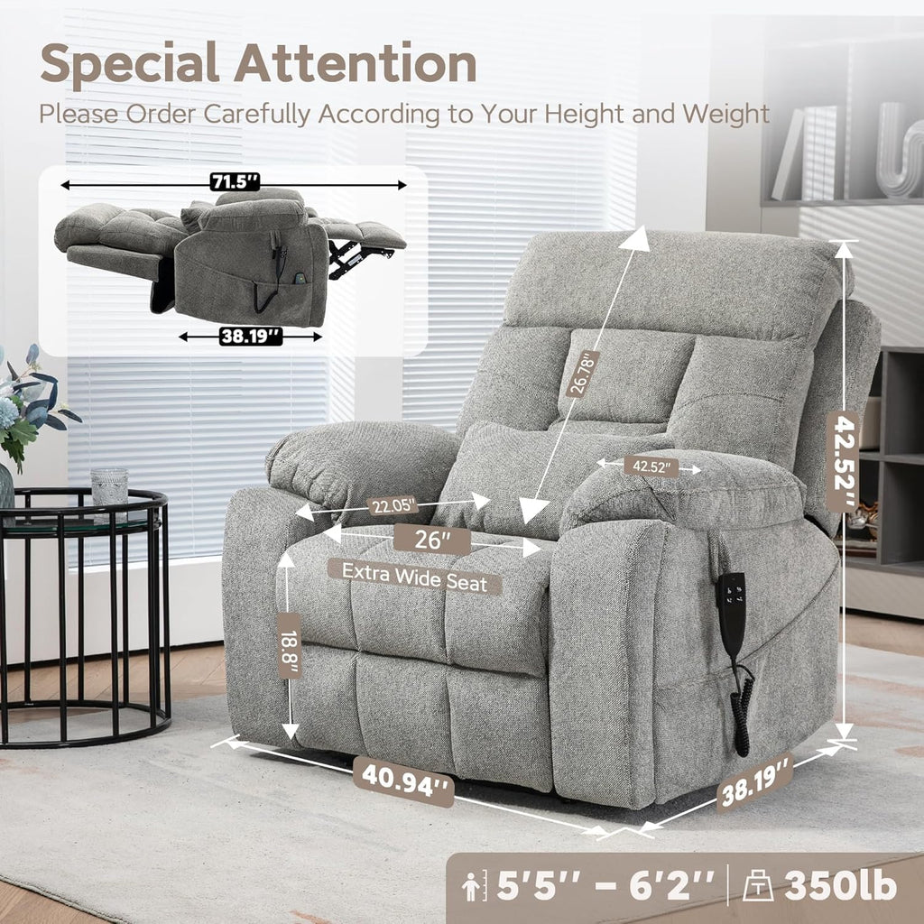 Large Power Lift Chairs Recliners for Elderly with Heated and Massage, Lazy Boy Recliner Chair with 26in Extra Wide Seat, Hidden Cup Holder, Side Pocket