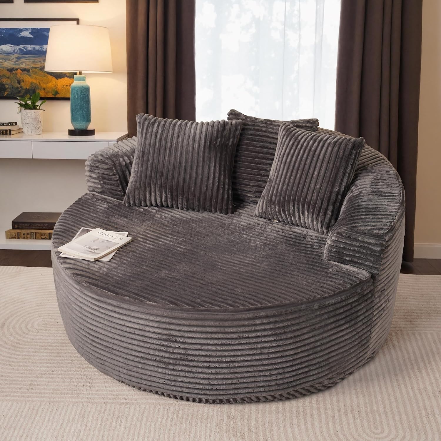 ovios 58' Oversized Round Chair Lounge Chaise Indoor, No Assembly Required, Cloud Large Circle Chair with Plush Fuax Fur, Fluffy Modern Sleeper Sofa Bed for Reading Yoga, Grey (Plush Corduroy Fabric)