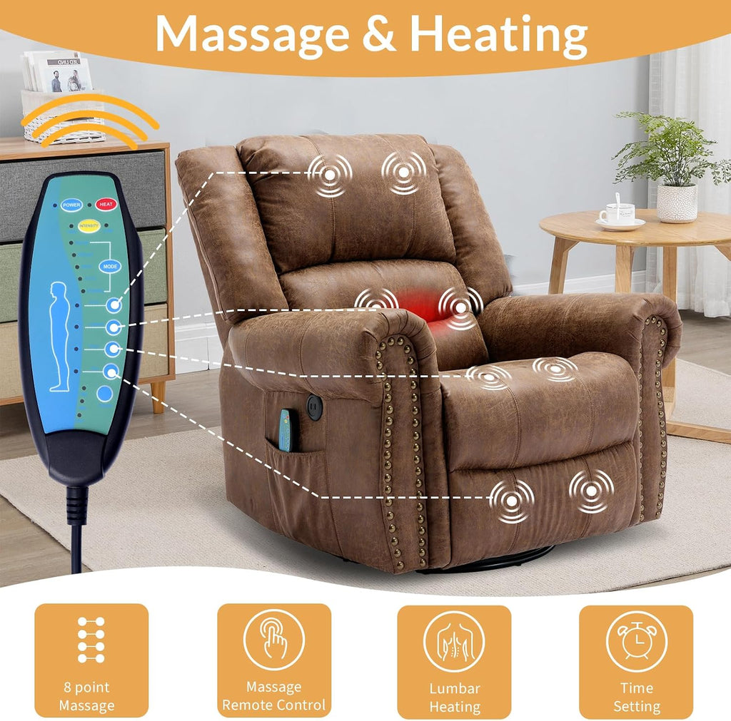 Manual Massage Recliner with Heating Function, 360° Swivel Glider Rocking Recliner Chair for Living Room, Ergonomic Single Sofa Chair with Remote Control/USB Ports/Side Pockets(Brown)