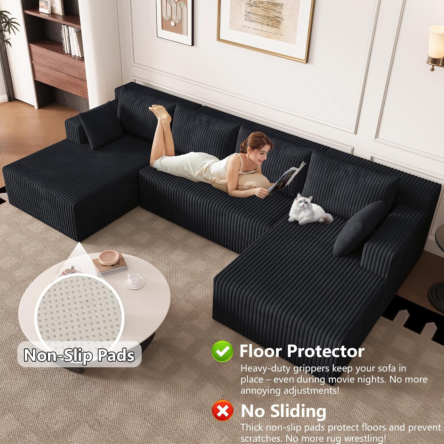 124' Modular Sectional Sofa, Modern Corduroy Cloud Couch with Deep Seat, Boneless Couch Upholstered 4-Seater U-Shaped Sofa for Living Room, No Assembly Required (Black)