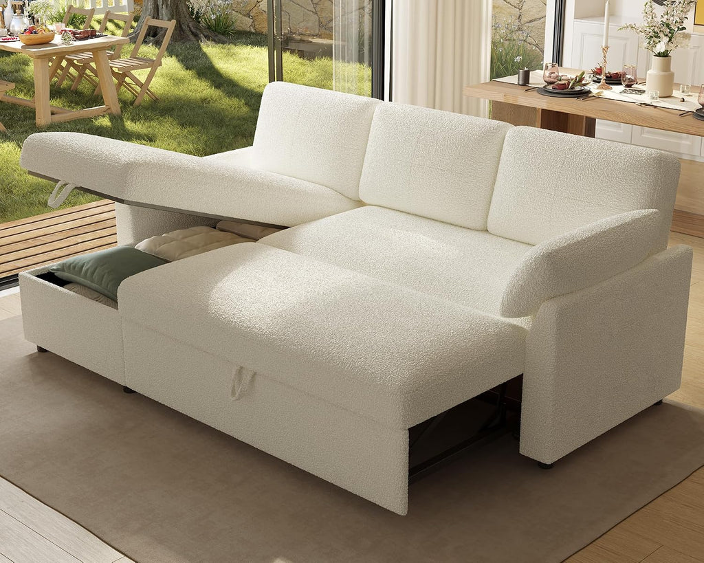 AMERLIFE Sleeper Sofa, 2-in-1 Sofa Bed with Storage Chaise, Pull Out Sofa Couch for Living Room, Guest Room, Boucle White