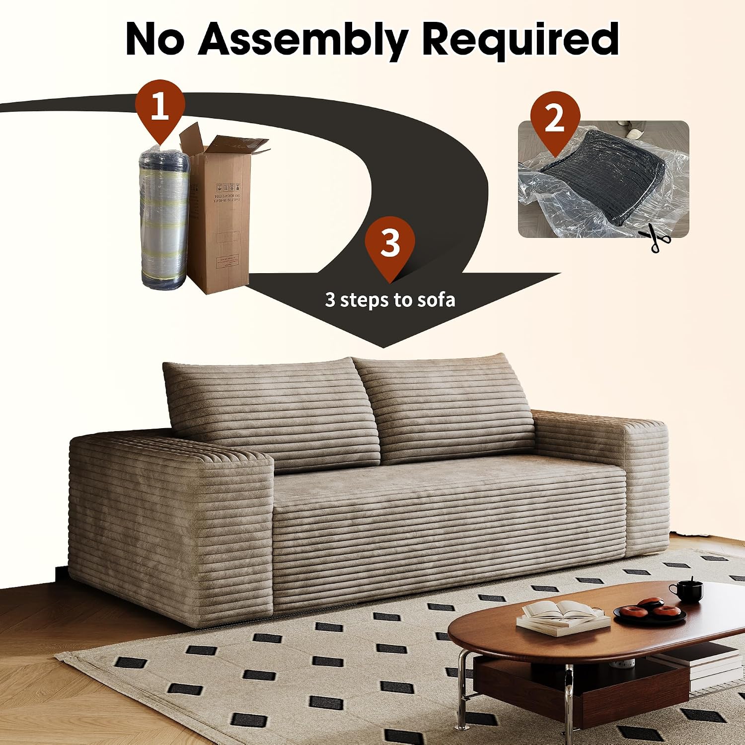 Ball & Cast 63' Loveseat Sofa with Deep Seat,Memory Foam,2 Seater Floor Couch with Corduroy Fabric,No Assembly,Cloud Sofas Couches for Small Spaces Living Room Bedroom Apartment,Easy to Move,Camel