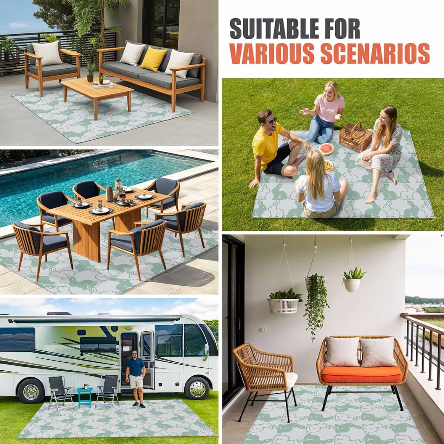 Happy Easter Bunny Outdoor Rug for Patio/Deck/Porch, Non-Slip Large Area Rug 5 x 8 Ft, Gray Green Rabbits Animal Cartoon Indoor Outdoor Rugs Washable Area Rugs, Reversible Camping Rug Carpet Runner