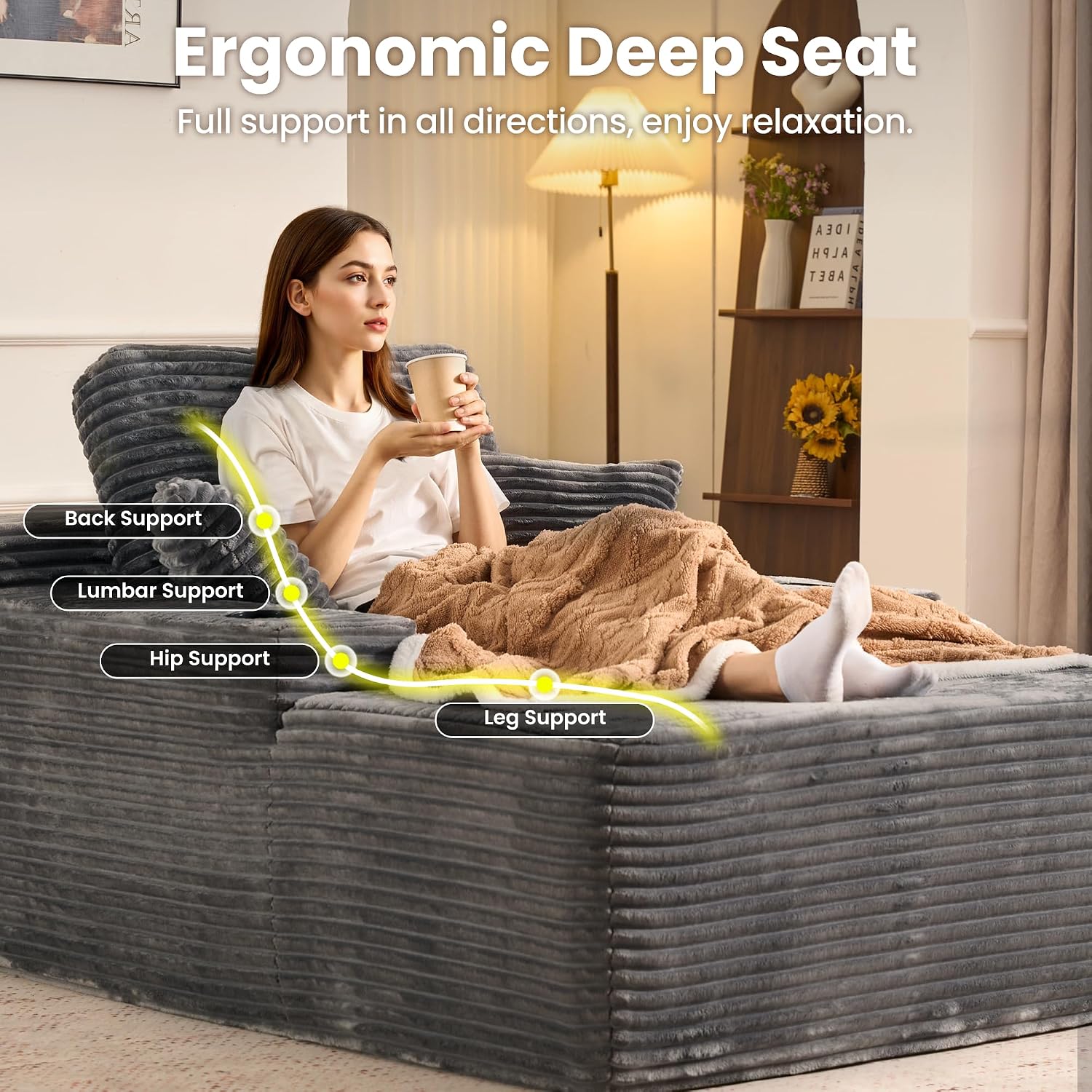 ovios 67'' Chaise Lounge Chair Indoor, Oversized Upholstered Boneless Sofa Bed with Cup Holders, Deep Seat Sleeper Couch, Plush Cloud Sofas Couches for Living Room (Faux Fur, Grey)