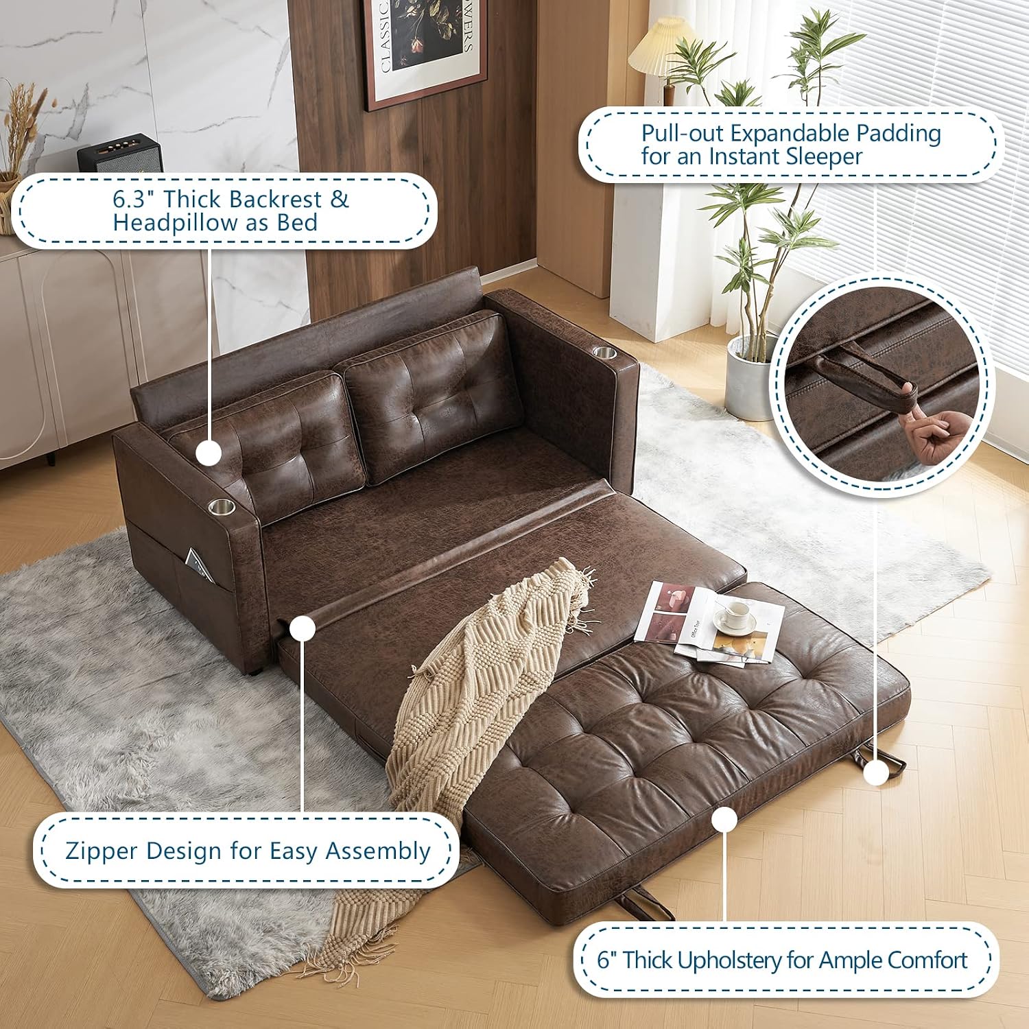 VINGLI Upgraded 64' W 84' L Full Size Futon Sofa Bed, 6' Thick Upholstery Rustic Microfiber Loveseat Sofa Sleeper Pull Out Couch,Convertible Floor Couch for Living Room, Bedroom, Entertainment Room