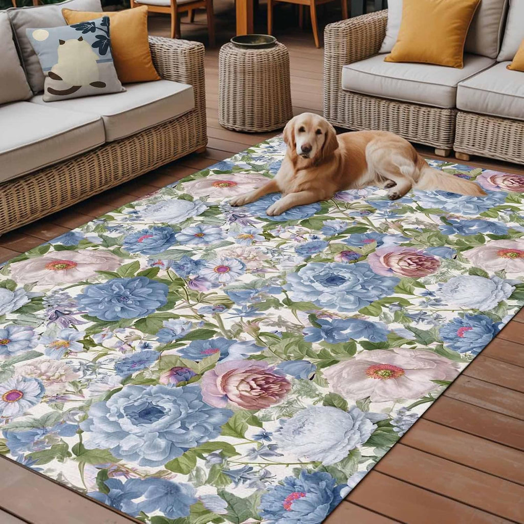 Blue Pink Spring Floral Outdoor Rug for Patio/Deck/Porch, Non-Slip Large Area Rug 5 x 8 Ft, Vintage Summer Botanical Indoor Outdoor Rugs Washable Area Rugs, Reversible Camping Rug Carpet Runner