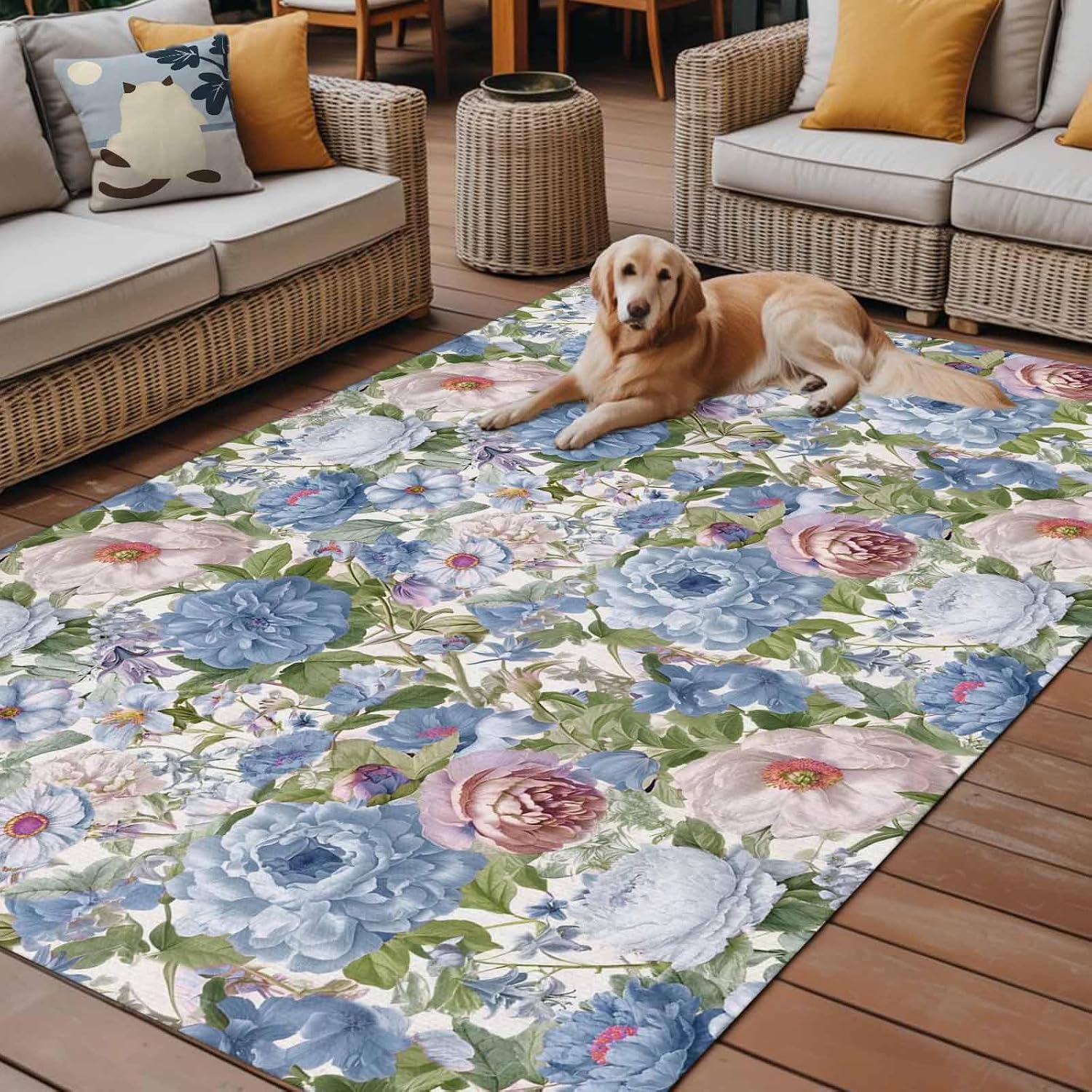 Blue Pink Spring Floral Outdoor Rug for Patio/Deck/Porch, Non-Slip Large Area Rug 5 x 8 Ft, Vintage Summer Botanical Indoor Outdoor Rugs Washable Area Rugs, Reversible Camping Rug Carpet Runner