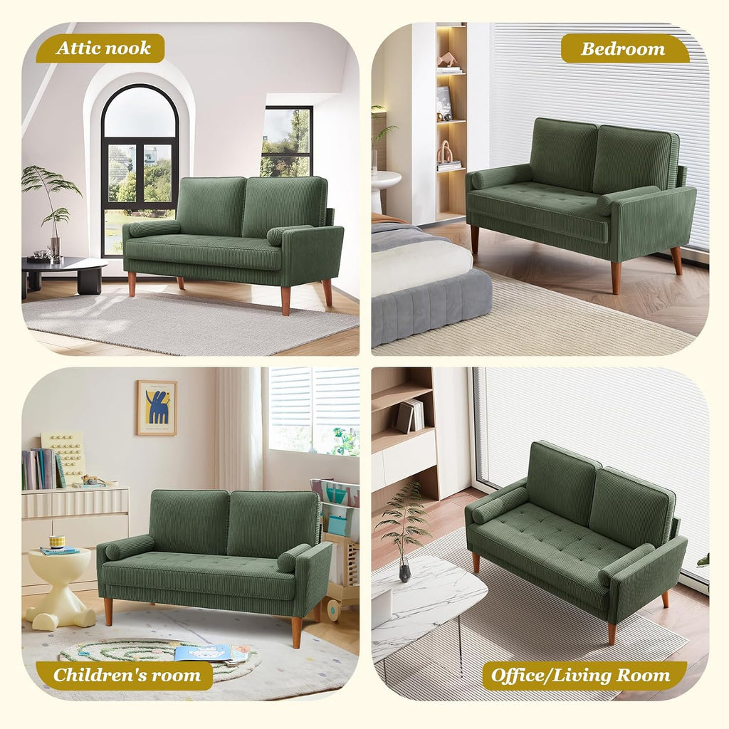 Vesgantti Loveseat Sofa with Solid Wood Legs,48' Small Corduroy Couches for Small Spaces, Mid Century Modern Love Seat for Living Room, Bedroom, Easy Assembly with Throw Pillow, Green