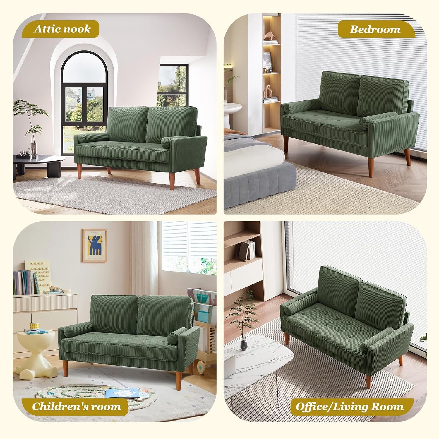 Vesgantti Loveseat Sofa with Solid Wood Legs,48' Small Corduroy Couches for Small Spaces, Mid Century Modern Love Seat for Living Room, Bedroom, Easy Assembly with Throw Pillow, Green
