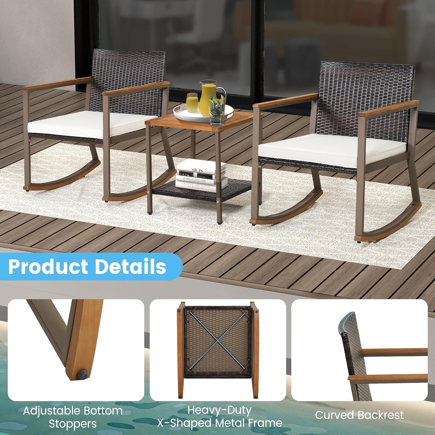 Outdoor Rocking Chair Set, 3 Pieces Patio Set Rocking Chair with Coffee Table & Cushions, Patio Wicker Furniture Set Outdoor Bistro Set for Balcony, Porch & Backyard (White)