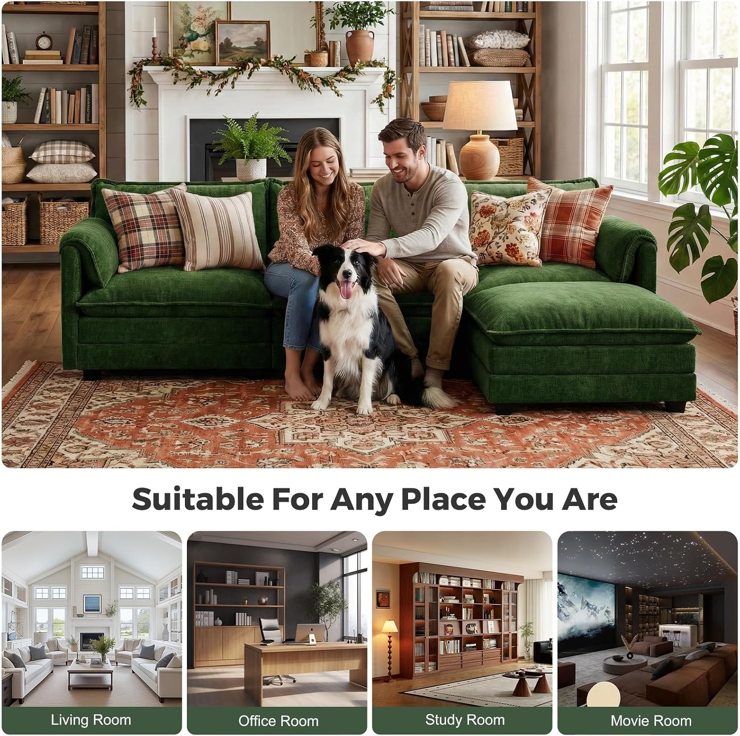 ELUCHANG 116' L Shaped Modular Sectional Cloud Couch with Pillow, Deep Seat Sofa Couches for Living Room, 4-Seat Modern Sofa with Movable Ottoman, Chenille Green