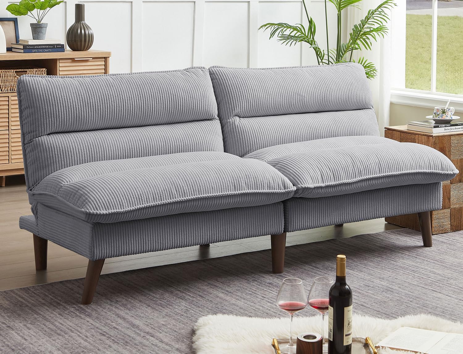 72' Futon Sofa Bed, Futon Couch with Adjustable Backrest, Recliner Small Loveseat for Living Room, Office, Apartment, Corduroy Loveseat, Light Grey