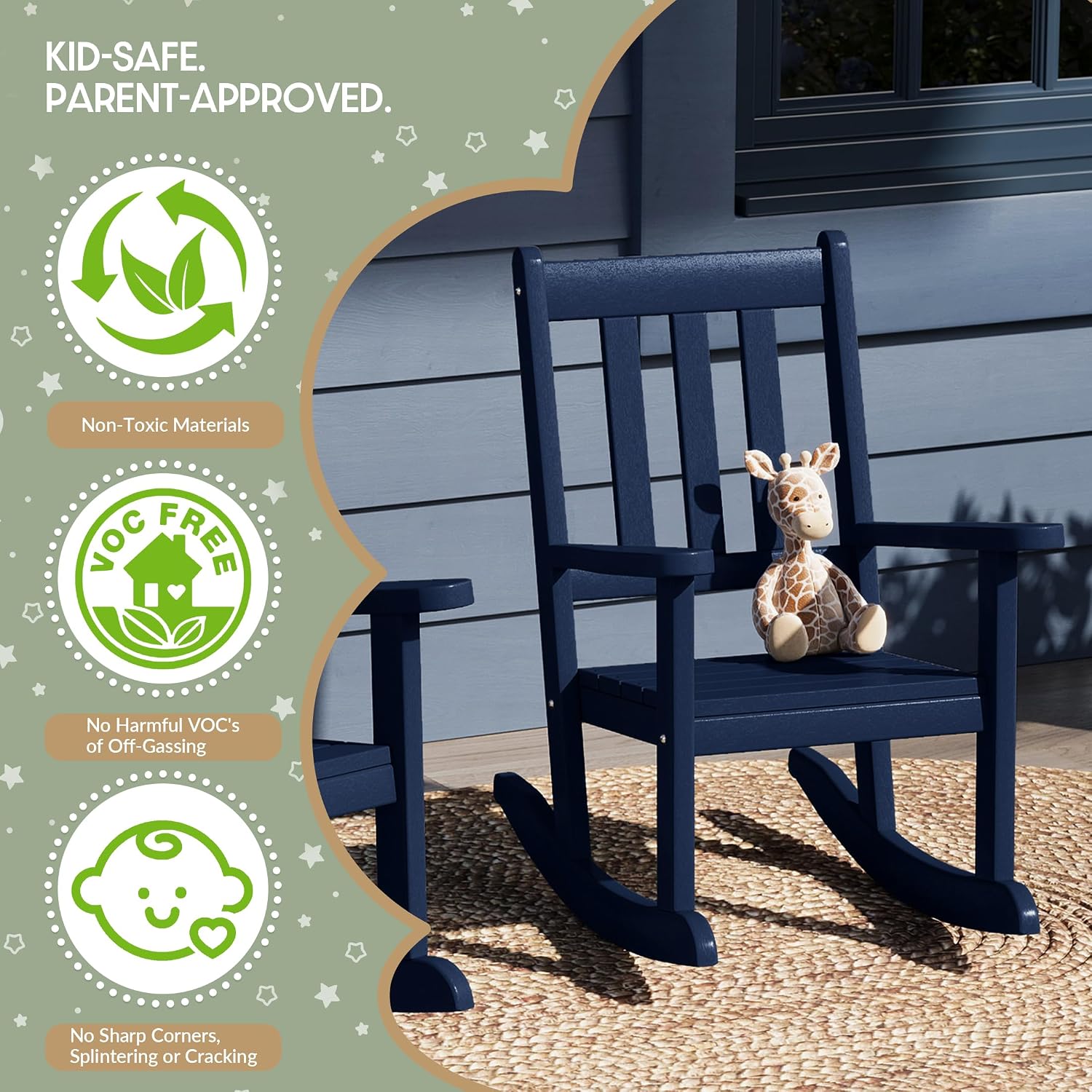 WestinTrends Malibu 3-Piece Kids Outdoor Rocking Chairs Set with Kids Square Side Table, Navy Blue