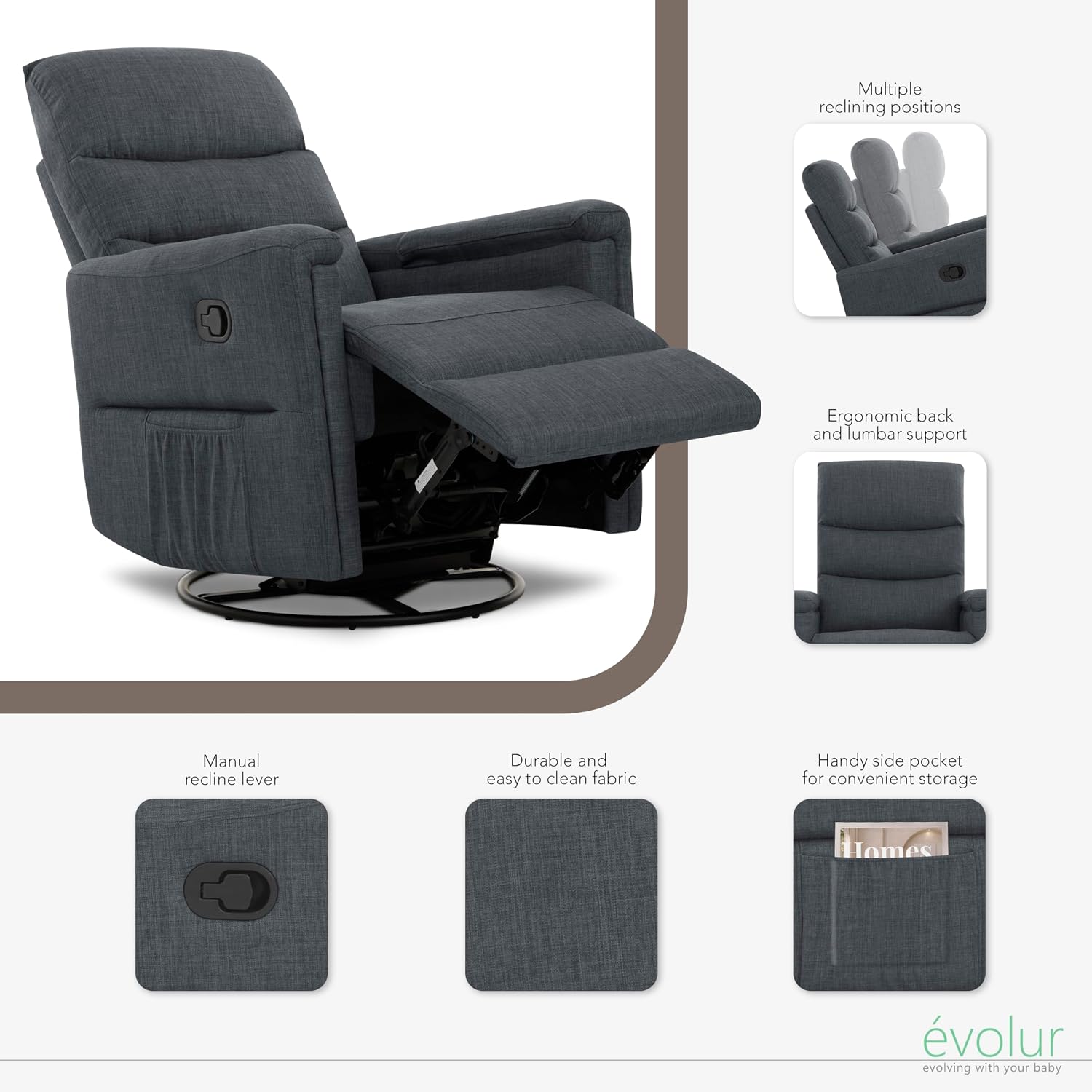 Evolur Peyton Manual Glider Recliner – Graphite, Rocking & 360° Swivel with Smooth Glide – GREENGUARD Gold & FSC Certified – Modern Nursery and Living Room Chair