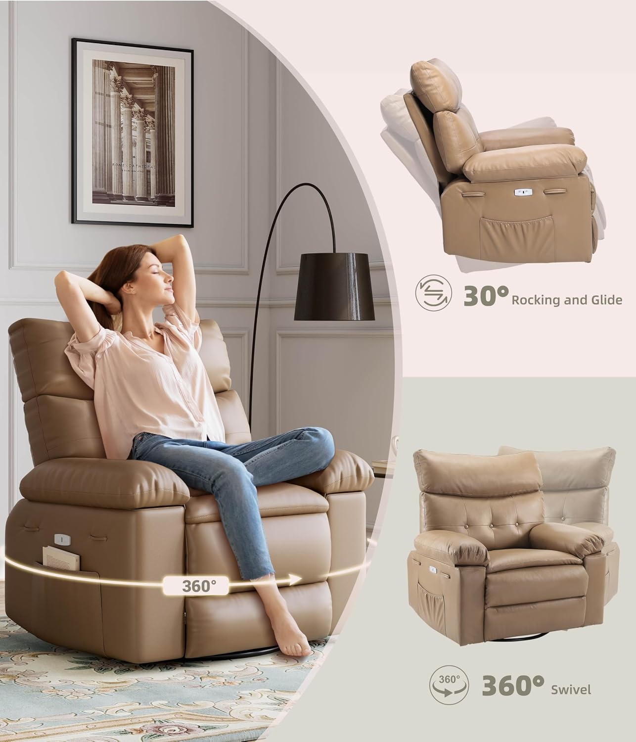 GarveeHome Oversized Power Rocker Swivel Recliner Chair - Heat and Massage, PU Leather Electric Glider Rocking Chair with USB Port, Glider Recliner Nursery Chair for Living Room, Bedroom, Nursery