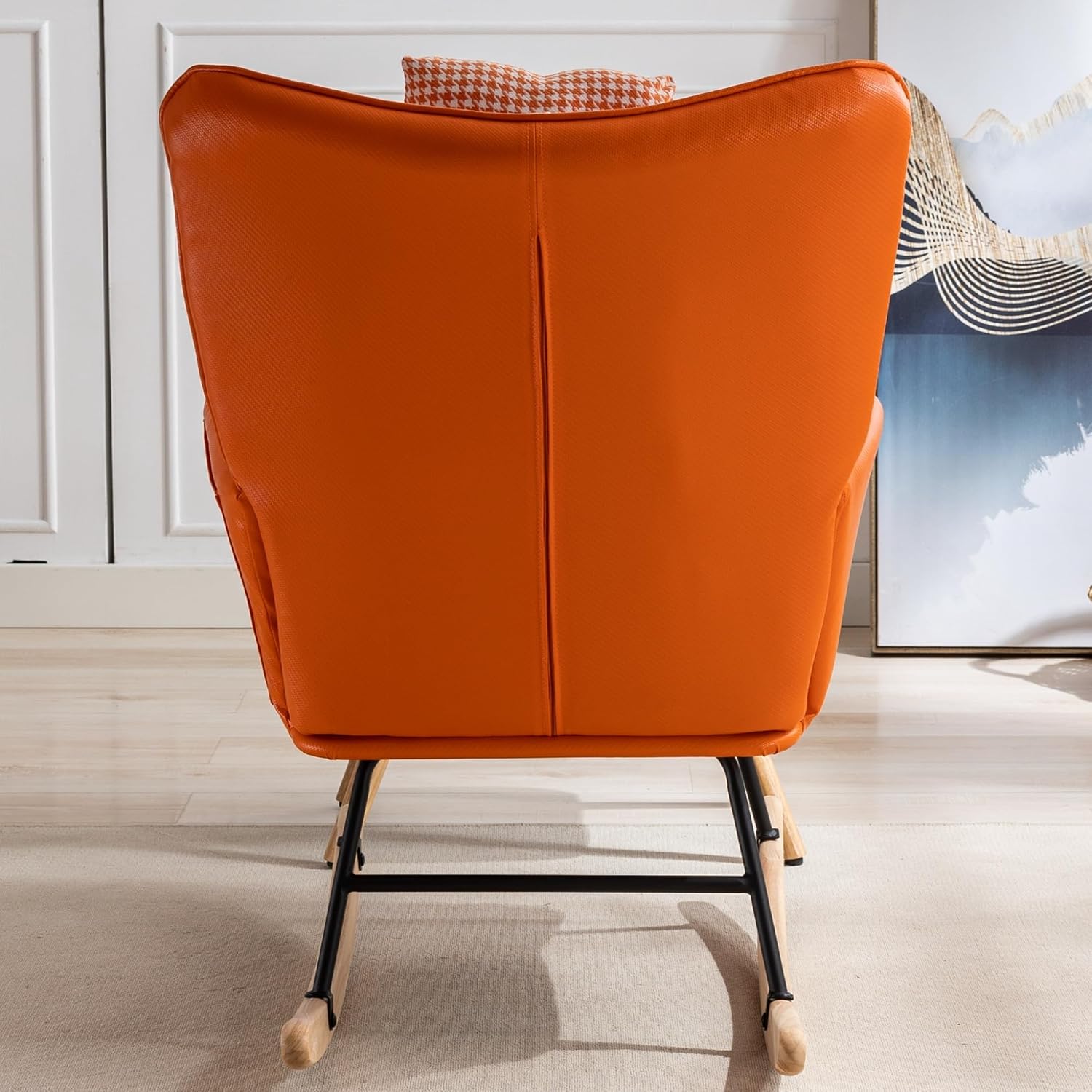 35.5' Nursery Rocking Chair Cotton Linen Upholstered Glider Chair with High Backrest Armchair for Living Room Bedroom Orange