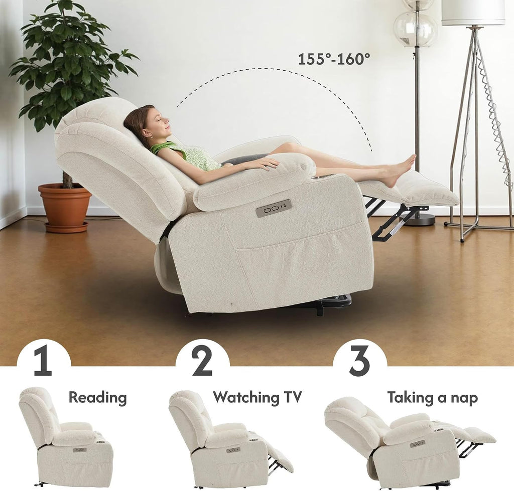 FLEXISPOT Power Lift Recliner Chair with Massage & Heat, Single Motor Lift Chair, Chenille Fabric Upholstery, USB/Type-C, Cup Holders, Side Pockets, Beige