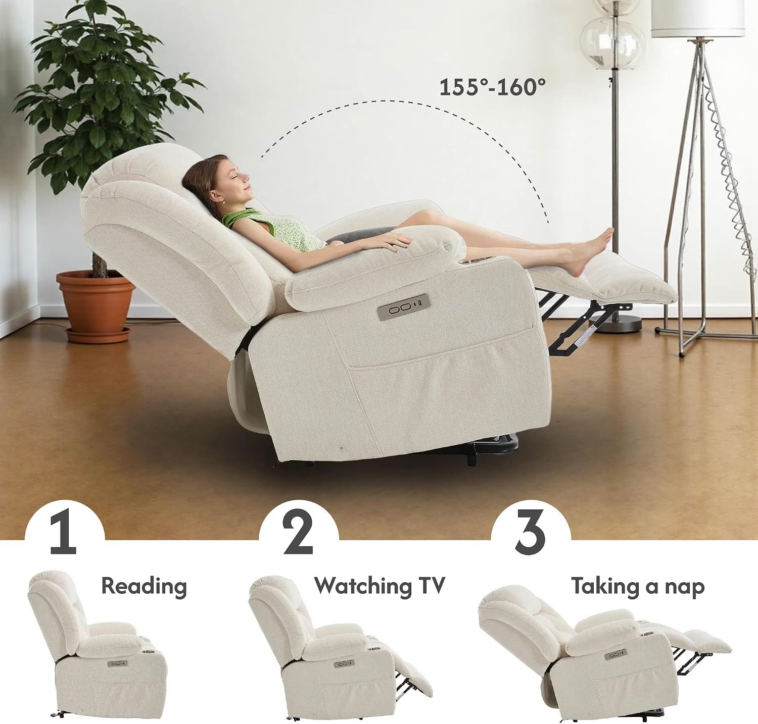 FLEXISPOT Power Lift Recliner Chair with Massage & Heat, Single Motor Lift Chair, Chenille Fabric Upholstery, USB/Type-C, Cup Holders, Side Pockets, Beige
