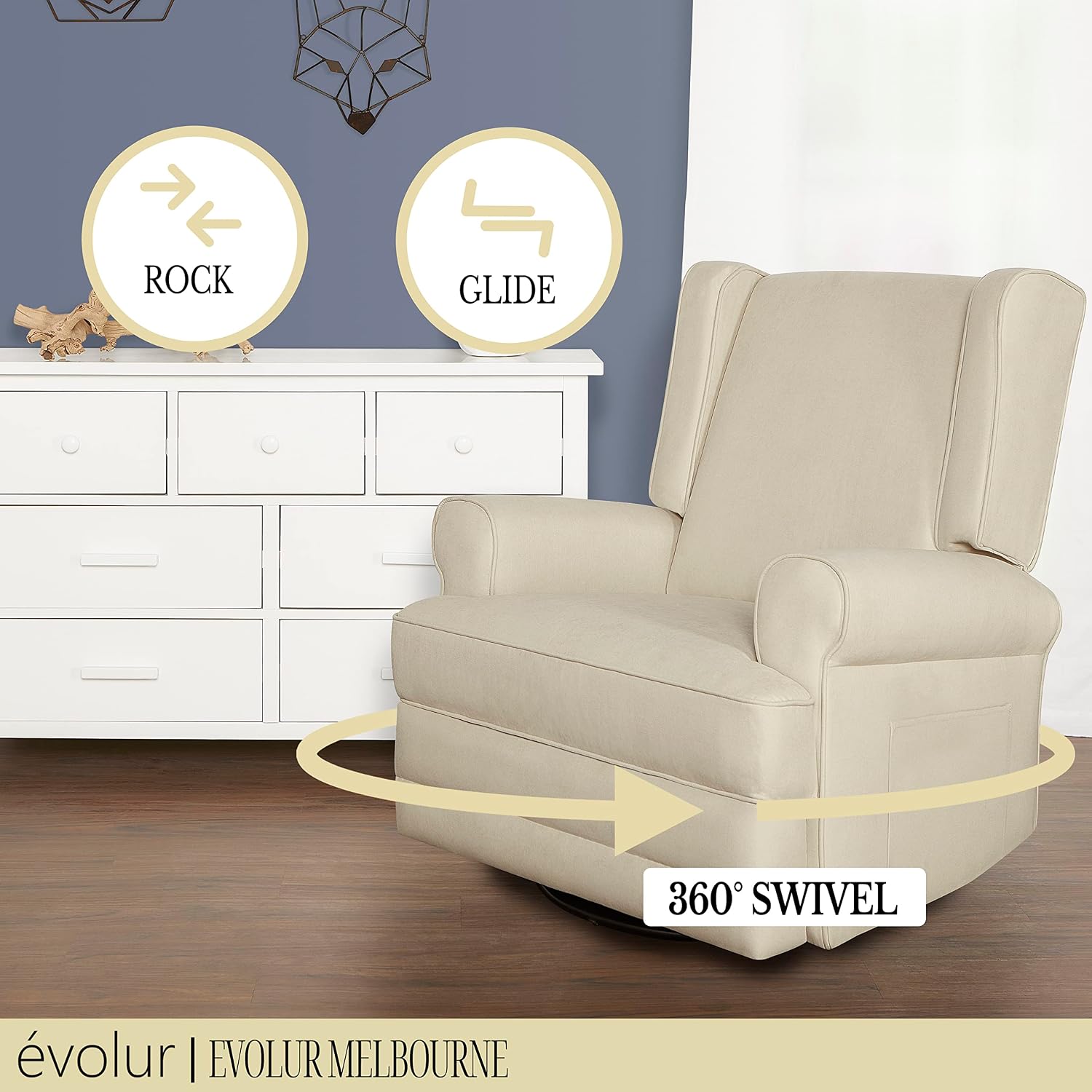Evolur Melbourne Wing Back Swivel Glider I Nursery Glider I Durable Soft Fabric I Bonus Pillow