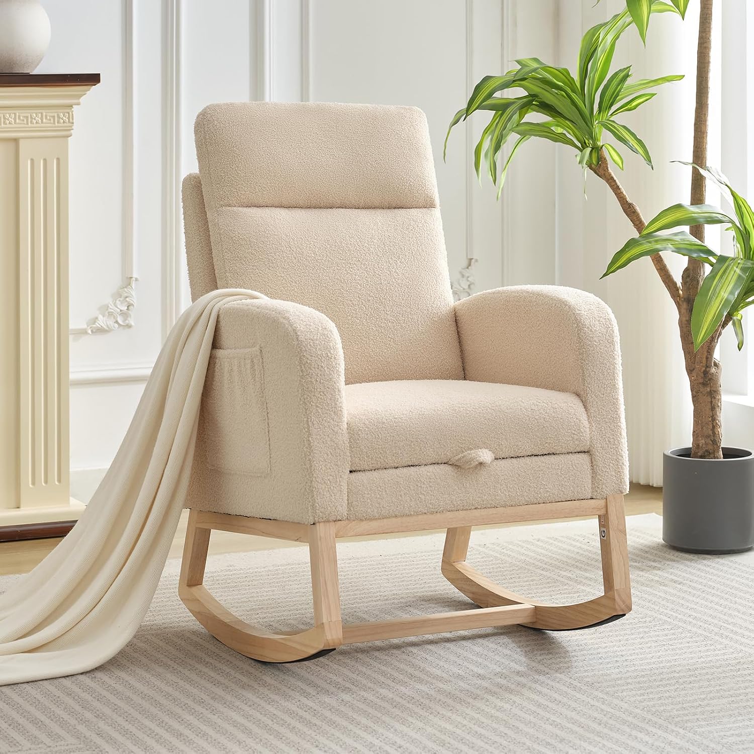 Modern Nursery Rocking Chair, Teddy Upholstered Rocking Chair with Footrest, Comfortable Rocker Recliner with Side Pocket, Rocker Glider for Living Room, Bedroom, Nursing Room