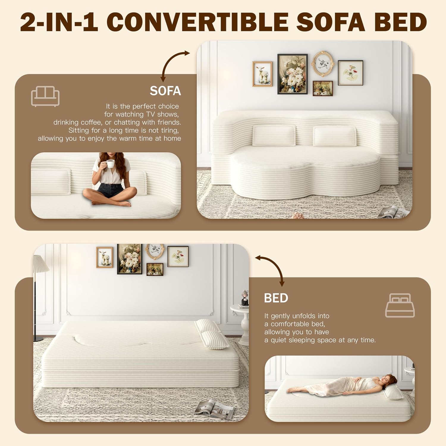 78' Full Size Convertible Futon Sofa Bed, Plush Corduroy Folding Sleeper Sofa Bed with Pillow, Foam Mattress Futon Loveseat Couch, No Assembly Floor Couches for Living Room, Playroom, Apartment, Beige