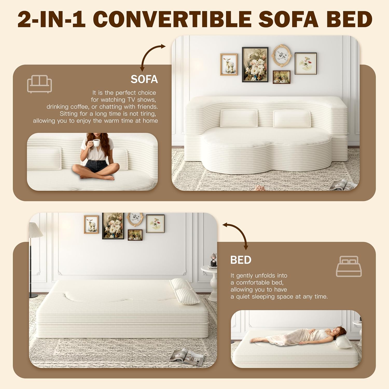 78' Twin Size Convertible Folding Sleeper Sofa Bed, Modern Corduroy Futon Sofa Bed with Pillow, Foam Mattress Loveseat Cloud Couch, No Assembly Floor Couches for Living Room, Playroom, Apartment Beige
