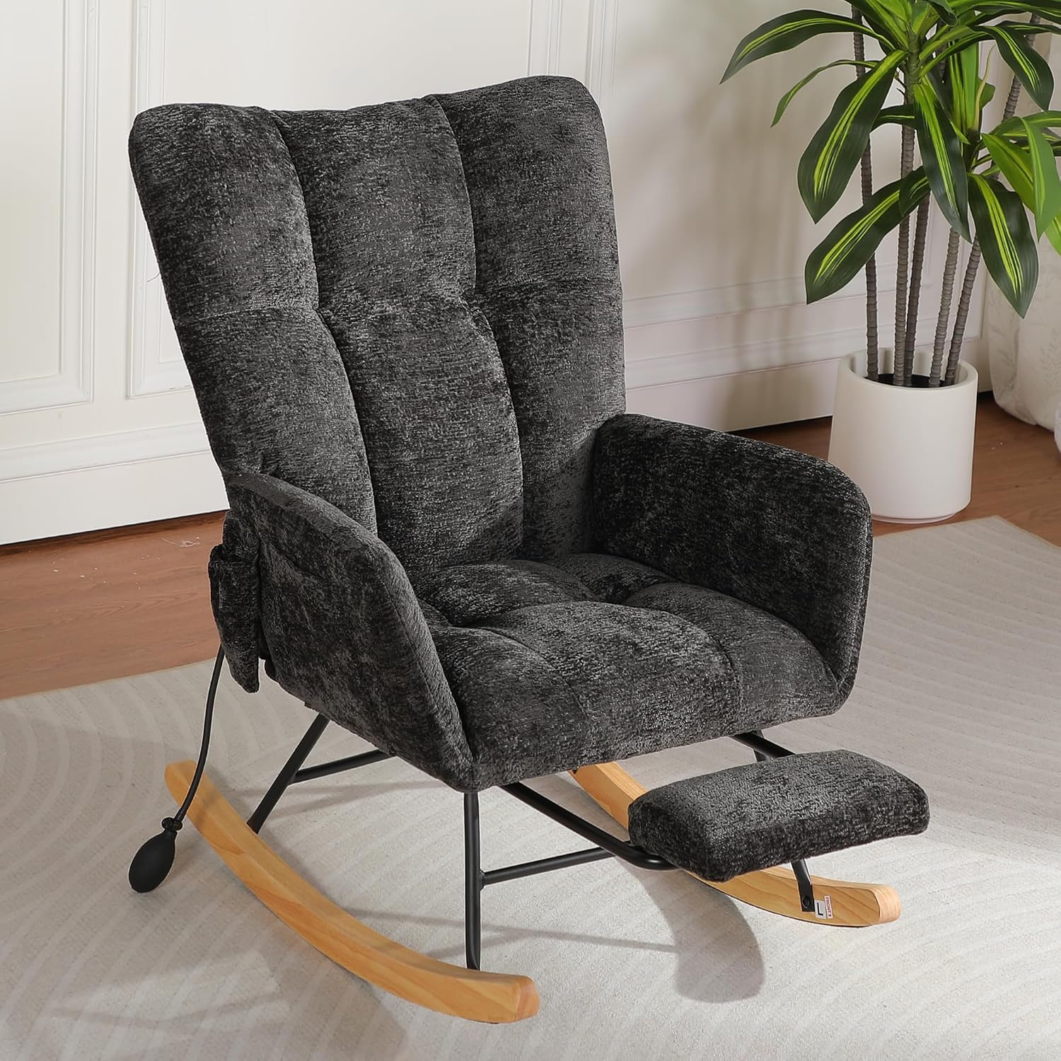 Rocking Chair Nursery with Airbag, Comfy Modern Nursery Rocking Reading Chair Indoor with Footrest, Cozy Upholstered Glider Rocker Chairs for Living Room Bedroom Offices, (Chenille, Black)