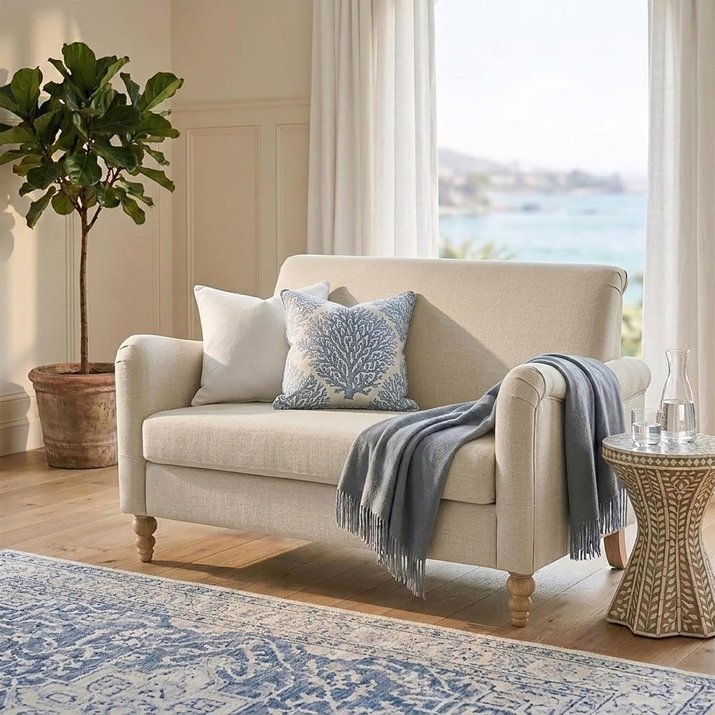 HULALA HOME 50.5' Loveseat Sofa with Solid Wood Spindle Legs, 2 Seater Farmhouse Sofa with Rolled Wide Armrests, Comfy Upholstered Small Couch for Living Room Bedroom, Linen