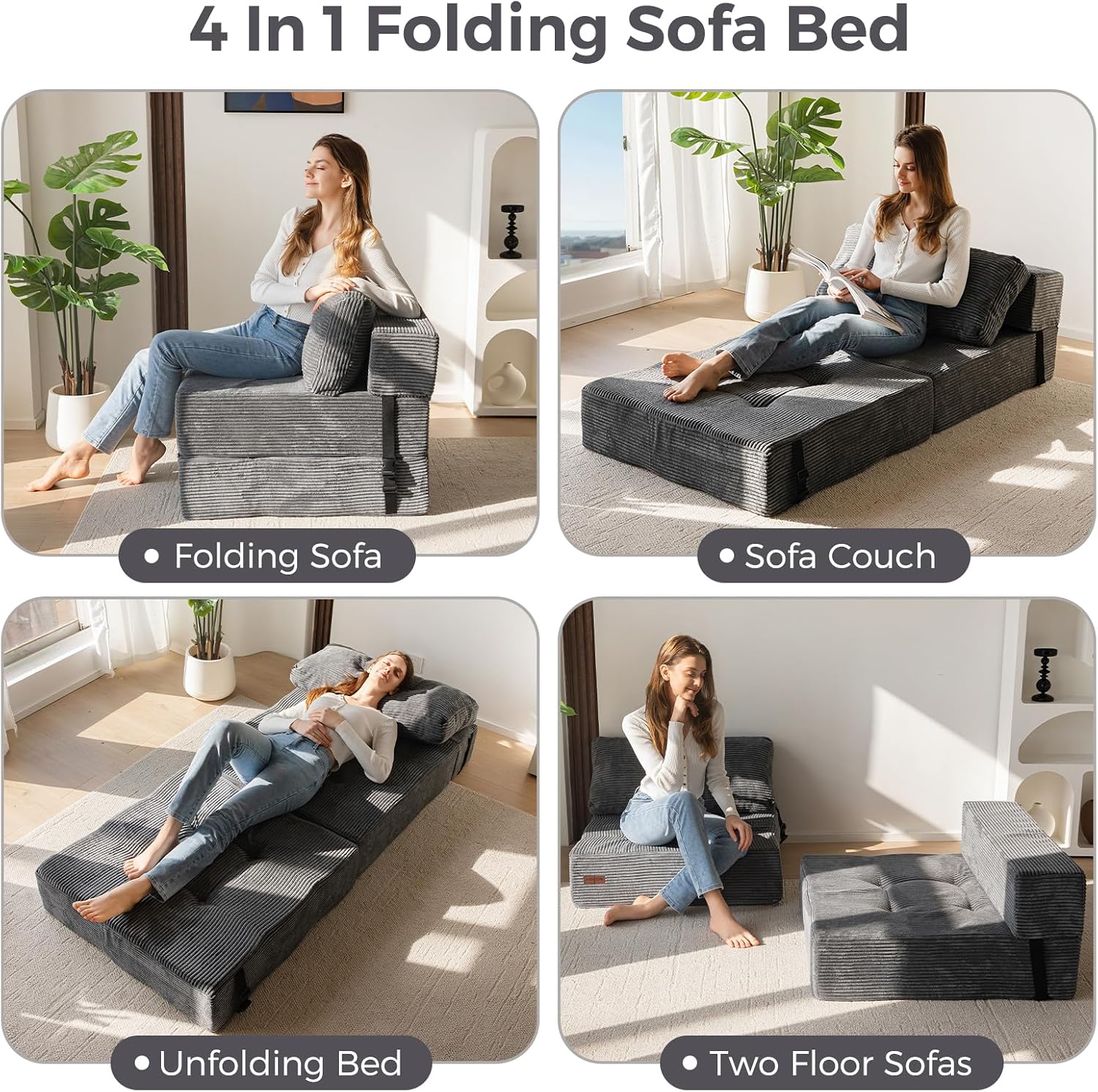MAXYOYO Folding Sofa Bed, Convertible Sofa Bed with High-Density Support Foam, Portable 4 in 1 Fold Out Chair to Floor Lounger, Versatile Floor Couch for Living Room Bedroom, Dark Grey