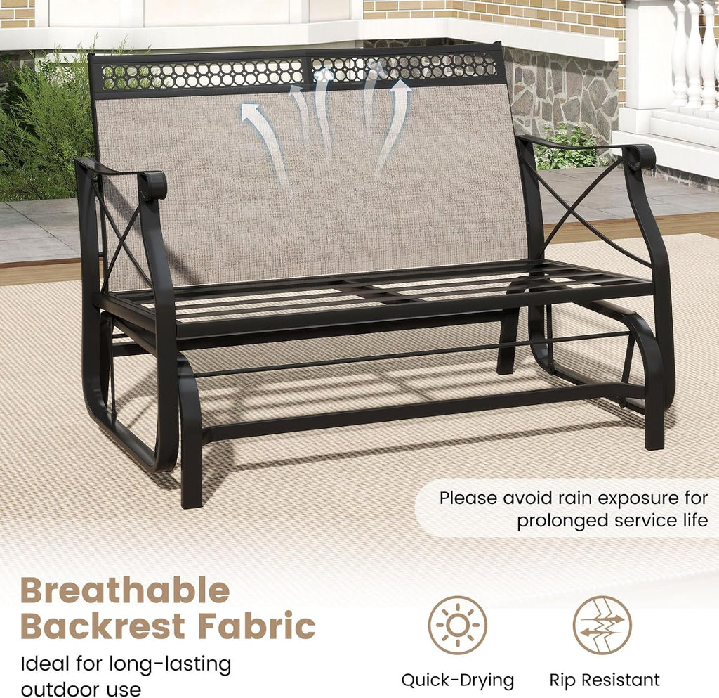 Tangkula Patio Glider Bench, 2-Person Swing Gliding Loveseat with Breathable Fabric Seat & Soft Cushions, 660 LBS Metal Frame Outdoor Rocking Chair for Porch, Poolside, Backyard