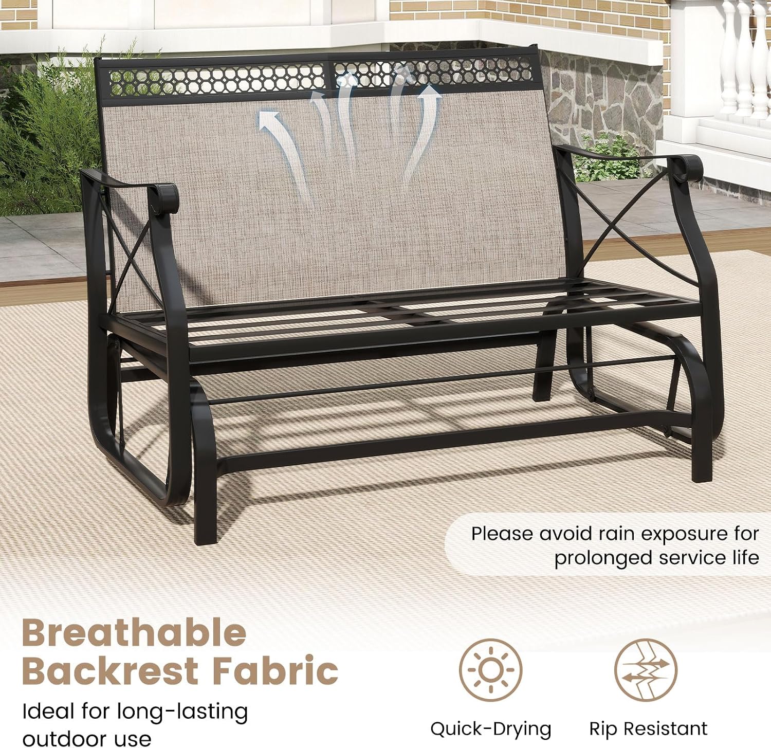 Tangkula Patio Glider Bench, 2-Person Swing Gliding Loveseat with Breathable Fabric Seat & Soft Cushions, 660 LBS Metal Frame Outdoor Rocking Chair for Porch, Poolside, Backyard