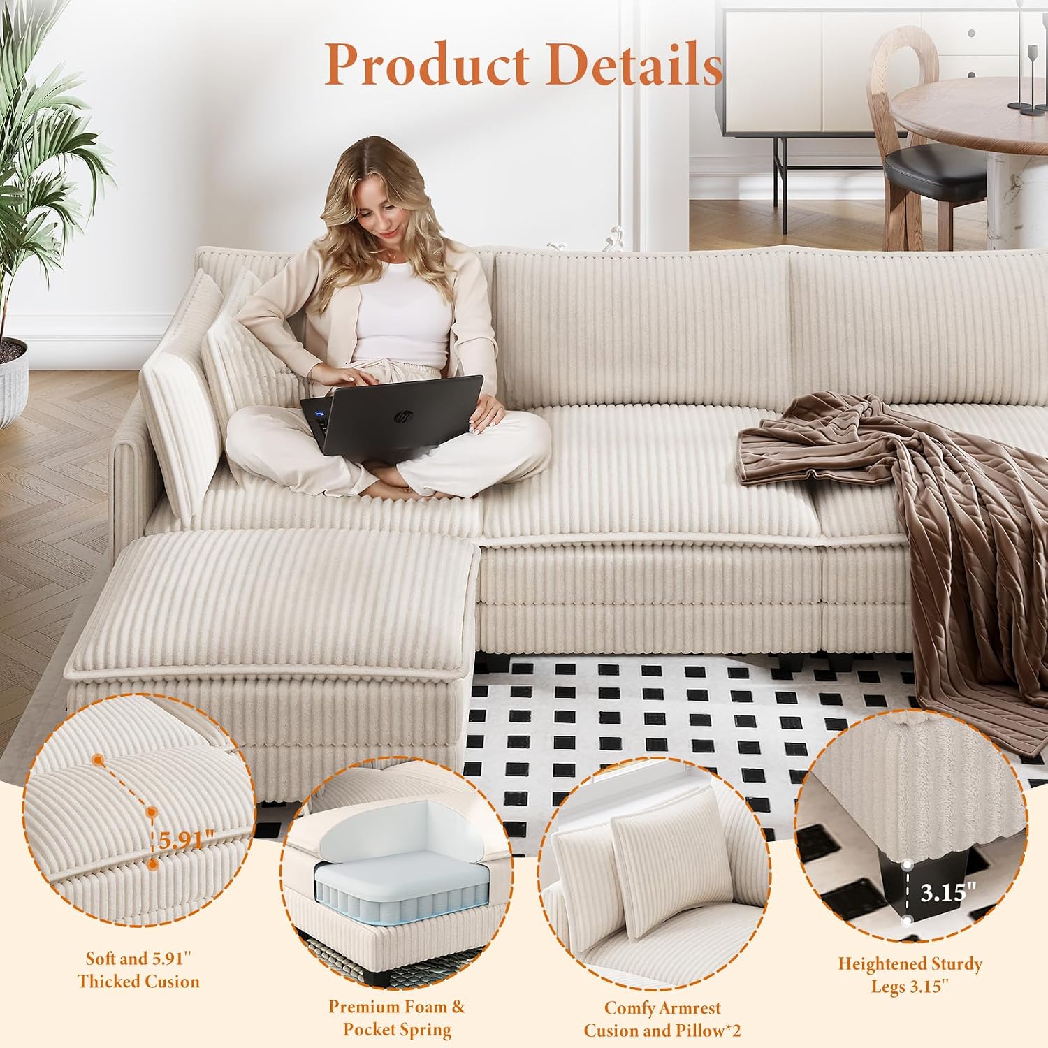 Vesgantti 109' L Shaped Cloud Sectional Couch, Comfy Corduroy Upholstered Modular Couches for Living Room, Modern 3 Seater Sectional Sofa with Ottoman Deep Seat, Beige