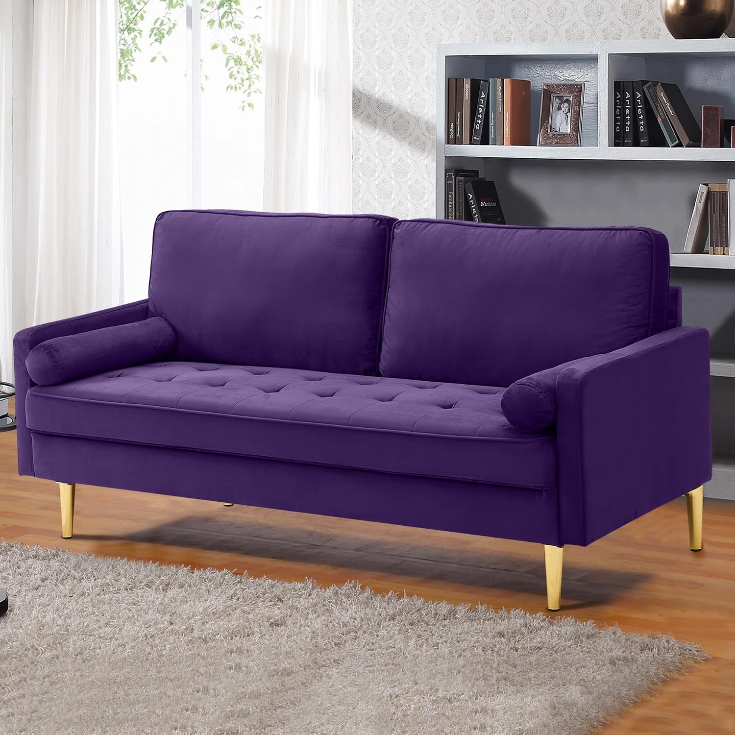 67in Modern Velvet Loveseat Sofa Couch, Mid-Century Tufted Upholstered Small Love Seat Couch with 2 Pillows & 4 Golden Legs, 2-Seats Couches for Compact Space, Living Room, Apartment (Purple)